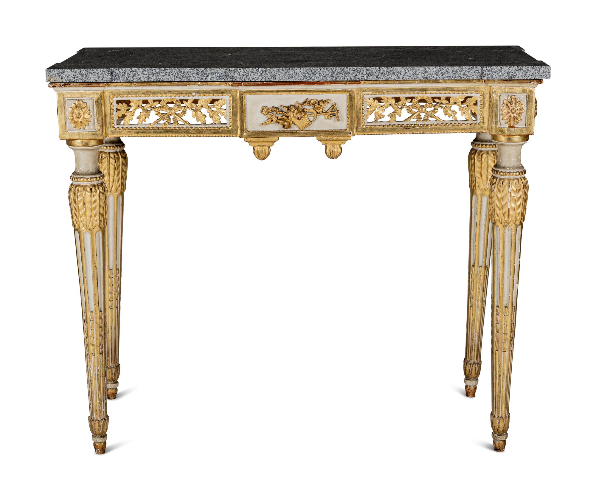 A Pair of North European Neoclassical Gilt and Cream-Painted Console Tables