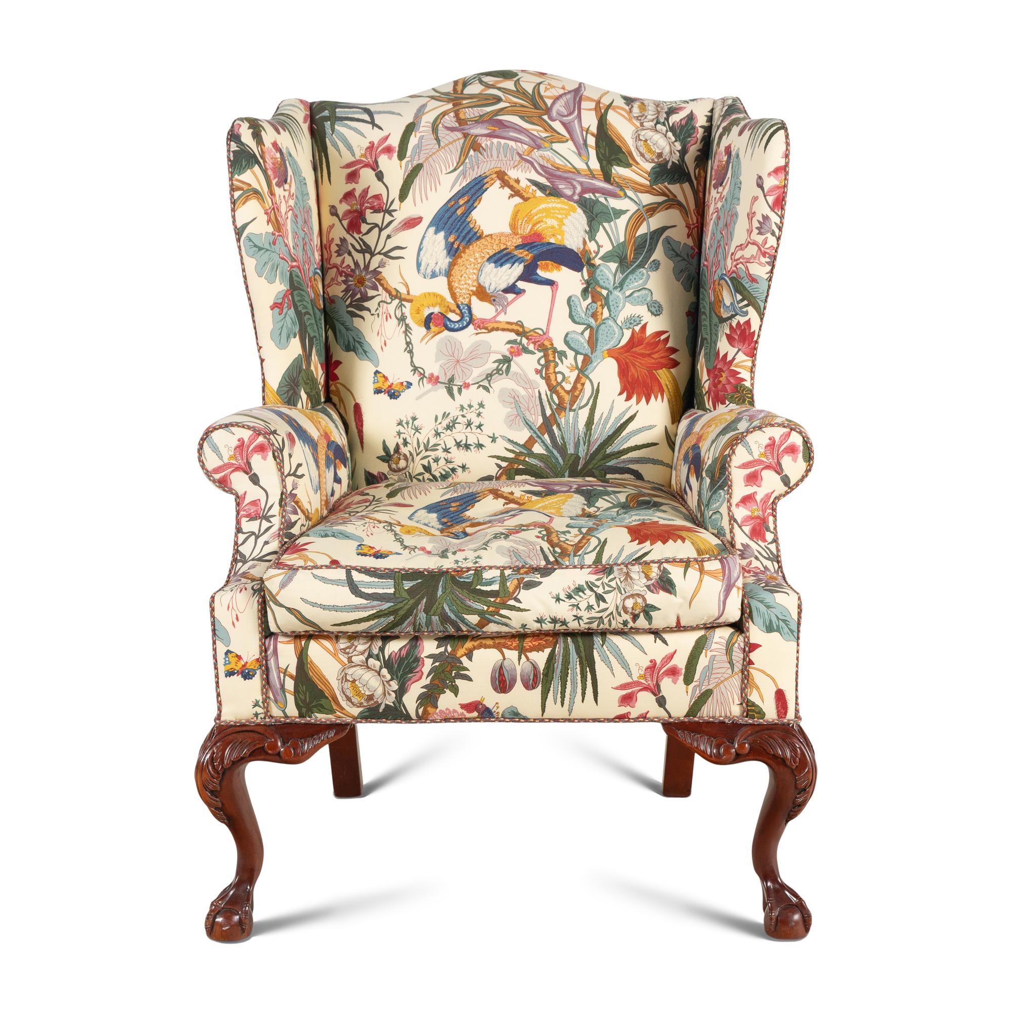A Chippendale Style Mahogany and Salamandré Upholstered Wingback Armchair