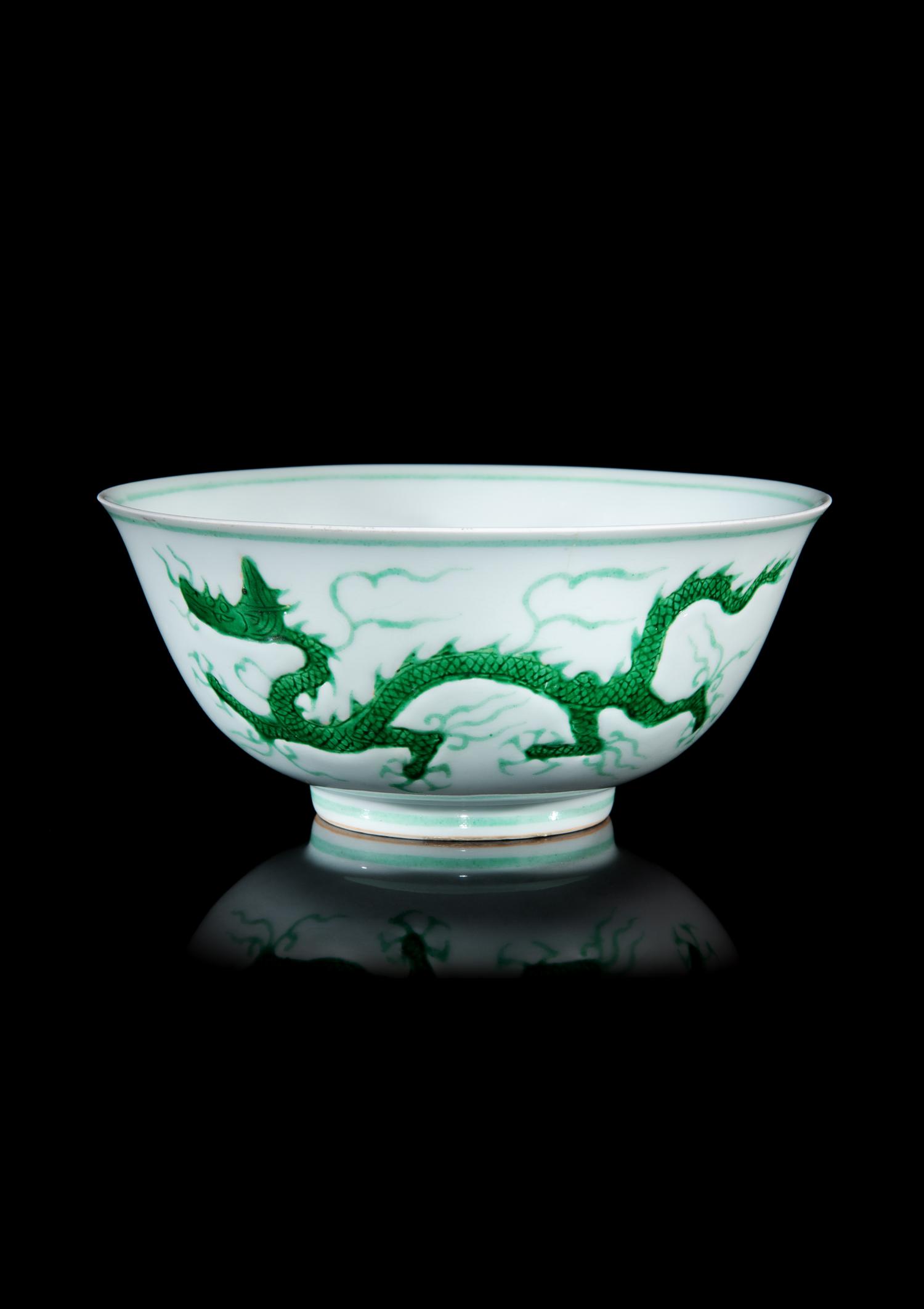 A Rare Incised and Green Enameled Porcelain 'Dragon' Bowl
