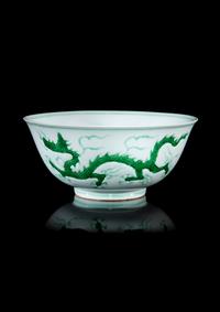 A Rare Incised and Green Enameled Porcelain 'Dragon' Bowl