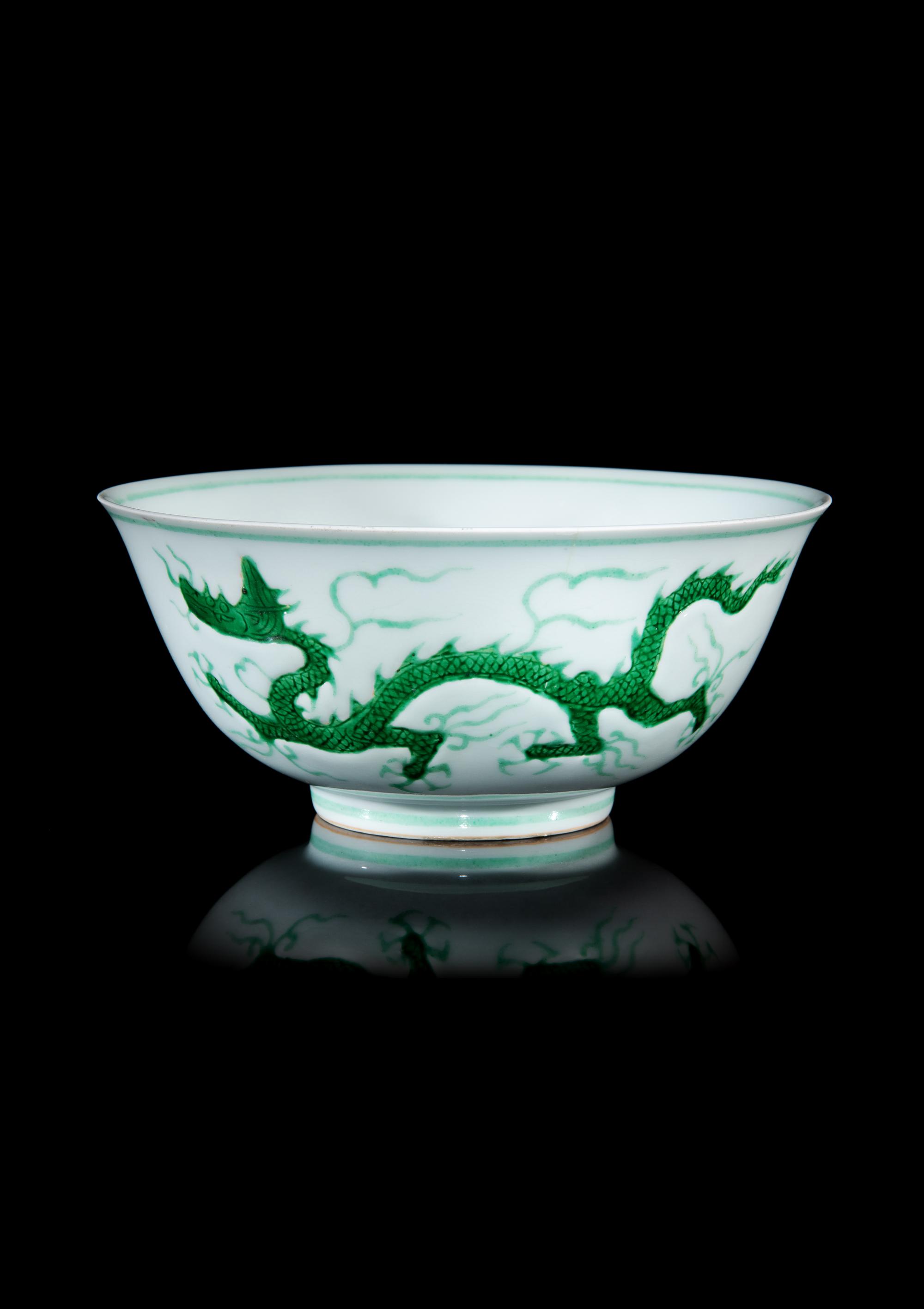 A Rare Incised and Green Enameled Porcelain 'Dragon' Bowl