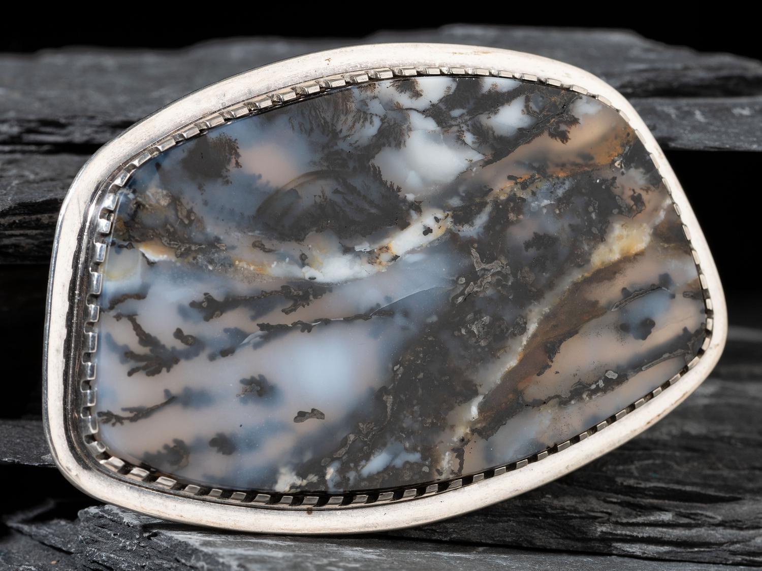 Silver and Dendritic Agate Belt Buckle, with Gold Bead Accents on Reverse