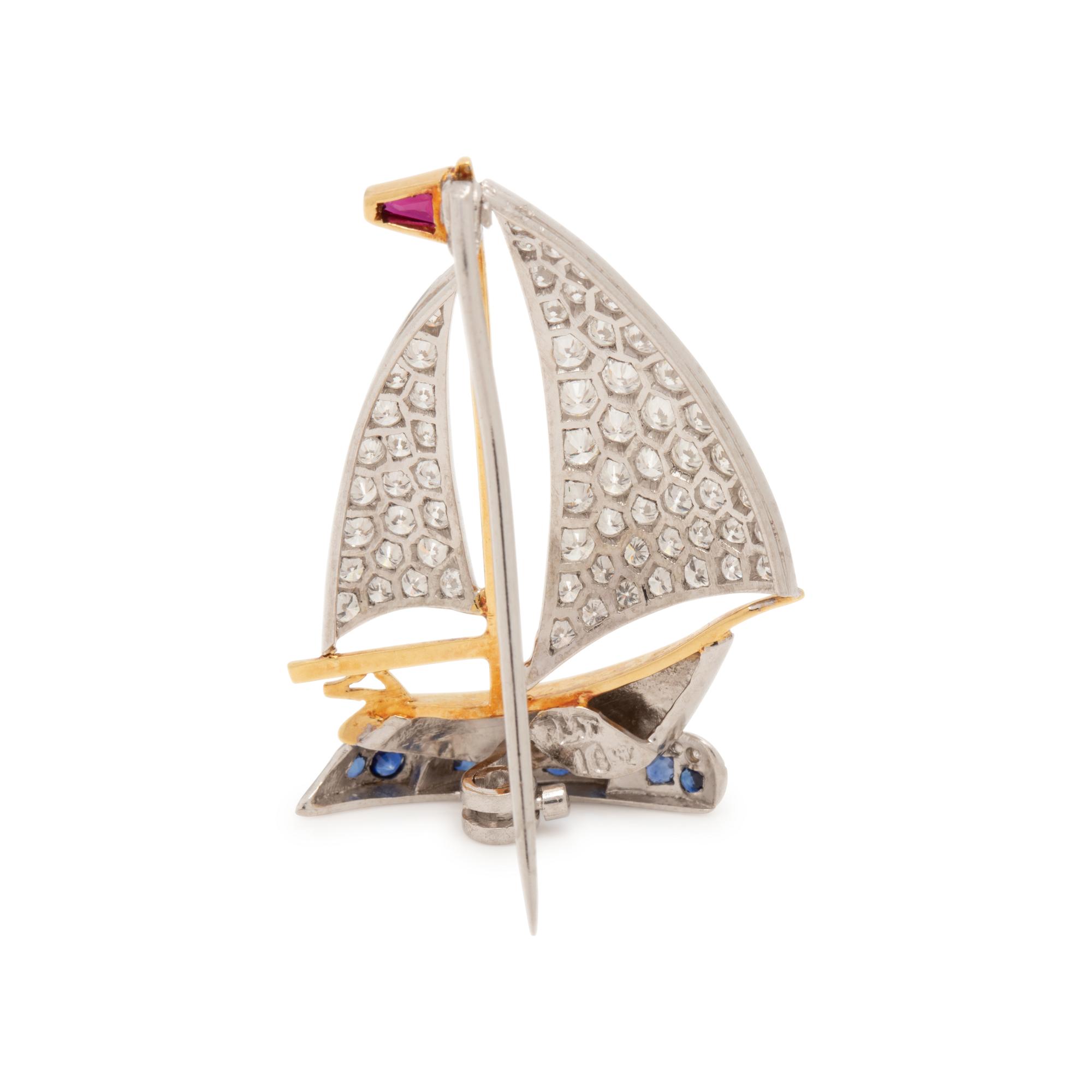 DIAMOND AND GEMSTONE SAILBOAT BROOCH