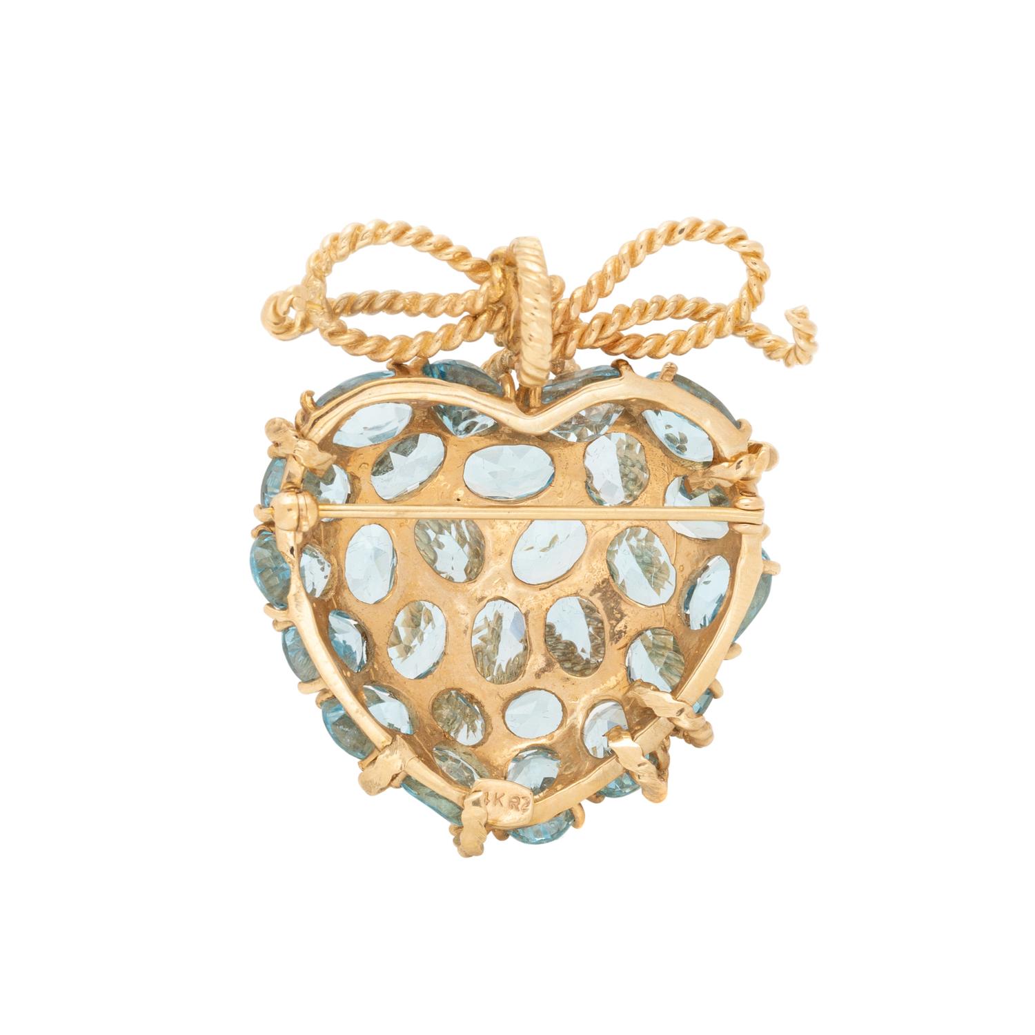 BLUE TOPAZ AND YELLOW GOLD HEART PENDANT/BROOCH
