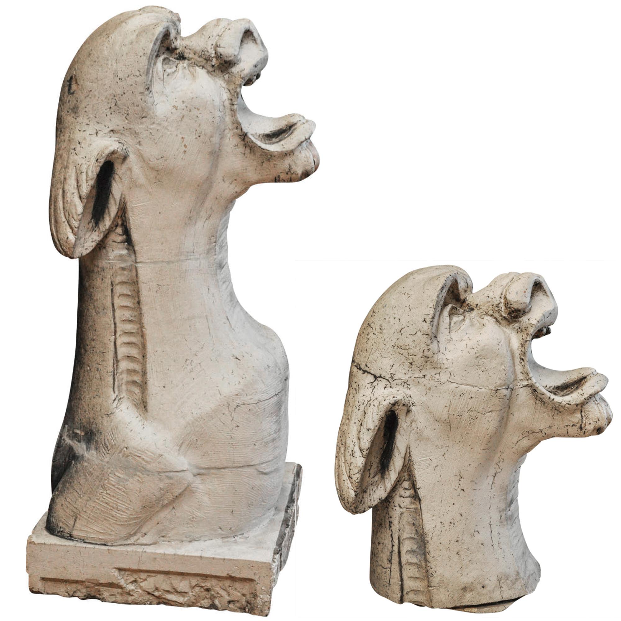 A Set of Two American Terra Cotta Gargoyles 18" W x 17" D x 40" H and 17" W x 13.5" D x 22.5" H — United States, Circa 1920