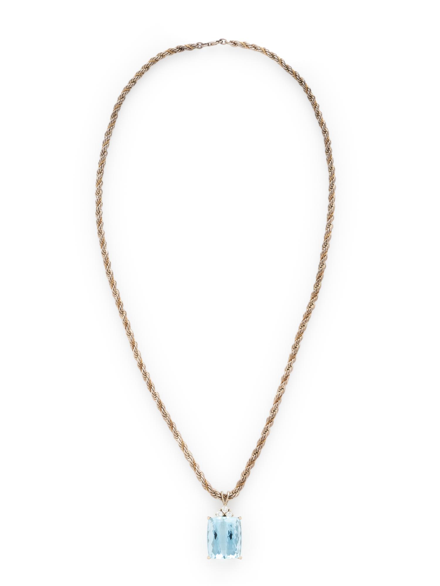AQUAMARINE AND DIAMOND PENDANT WITH SILVER CHAIN