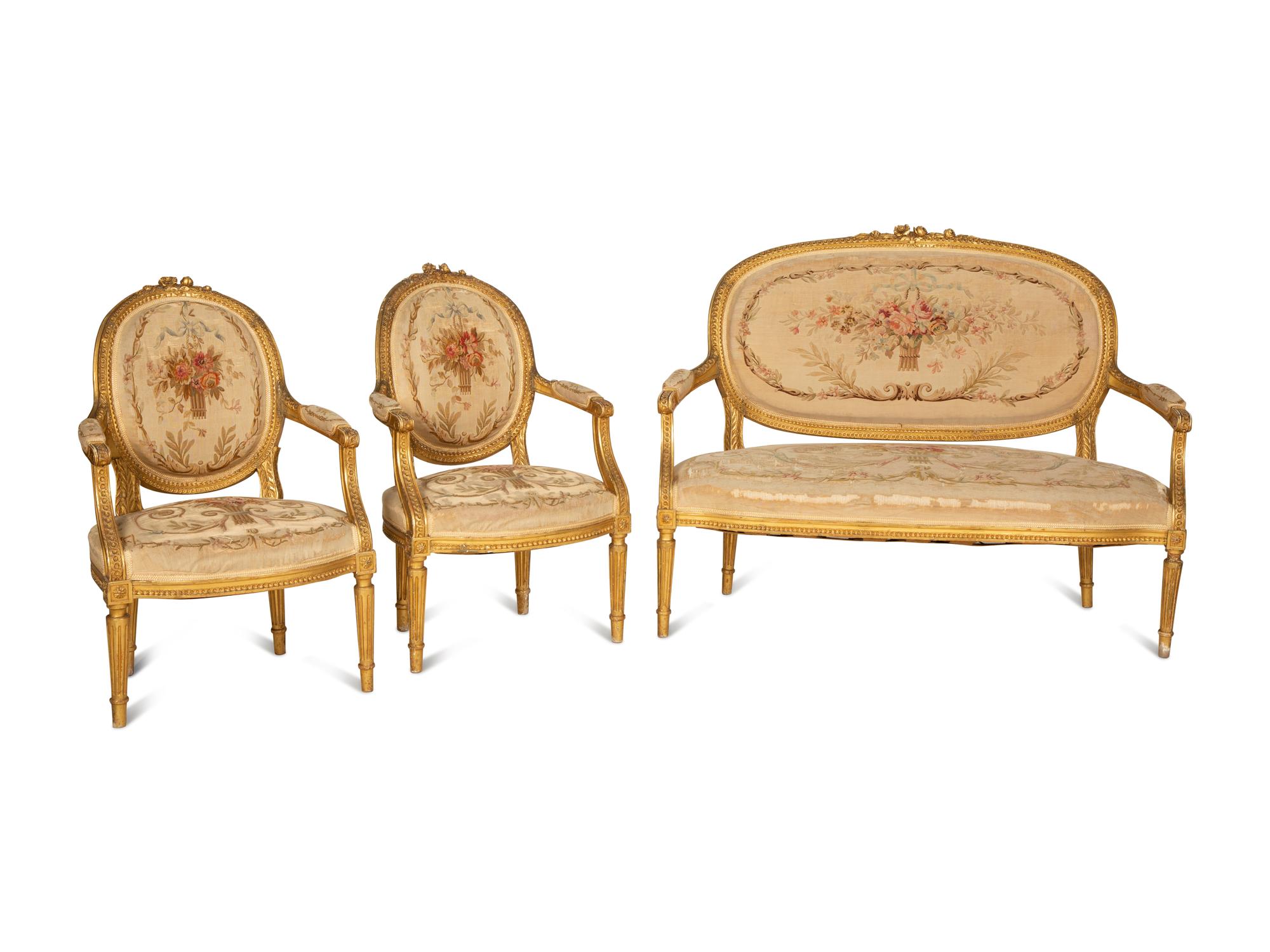 A Louis XVI Style Giltwood Three-Piece Seating Suite