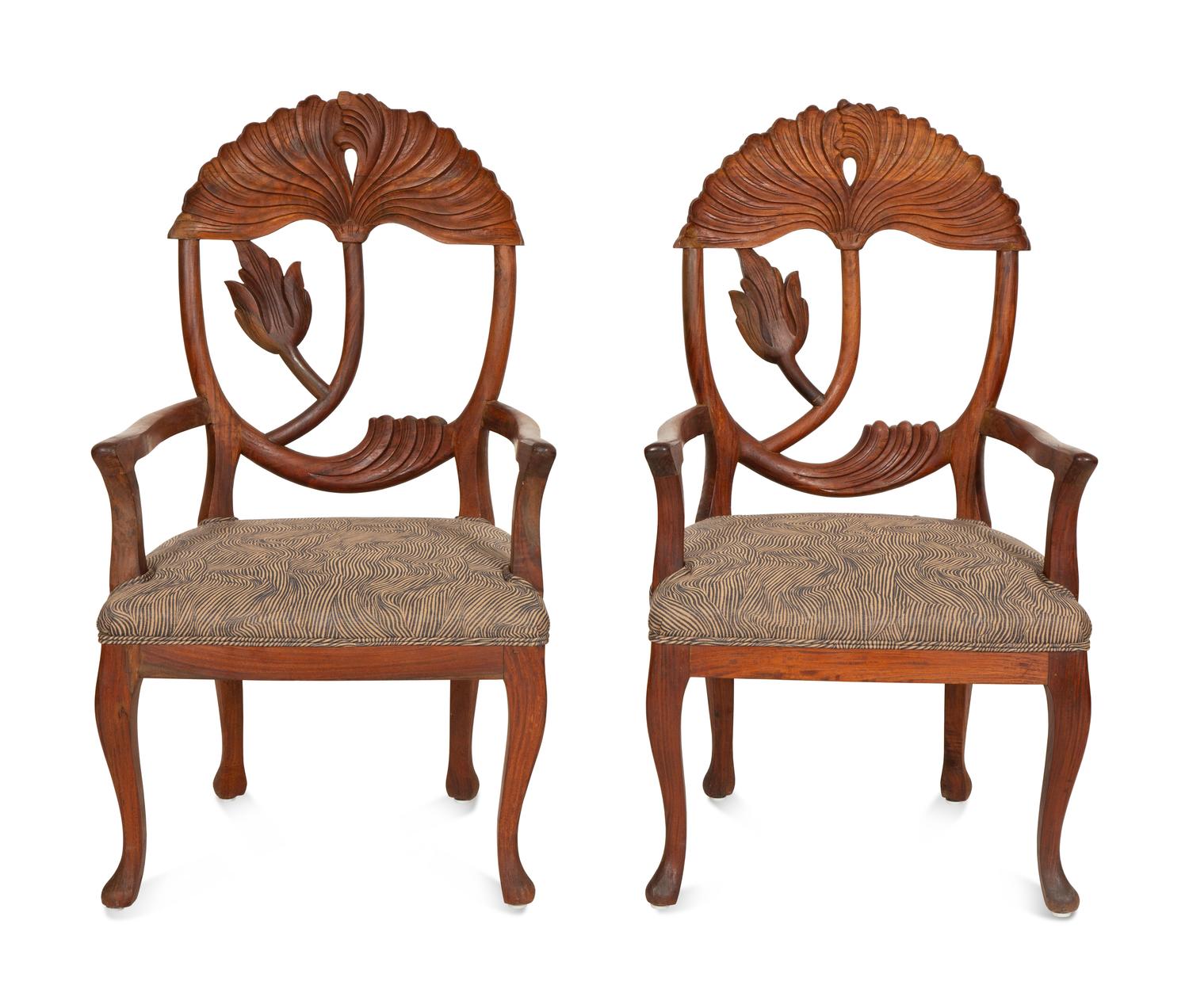 A Set of Five Carved Wood Lotus Flower Armchairs in the Manner of Phyllis Morris