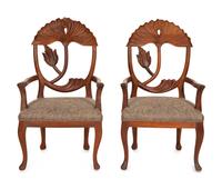 A Set of Five Carved Wood Lotus Flower Armchairs in the Manner of Phyllis Morris