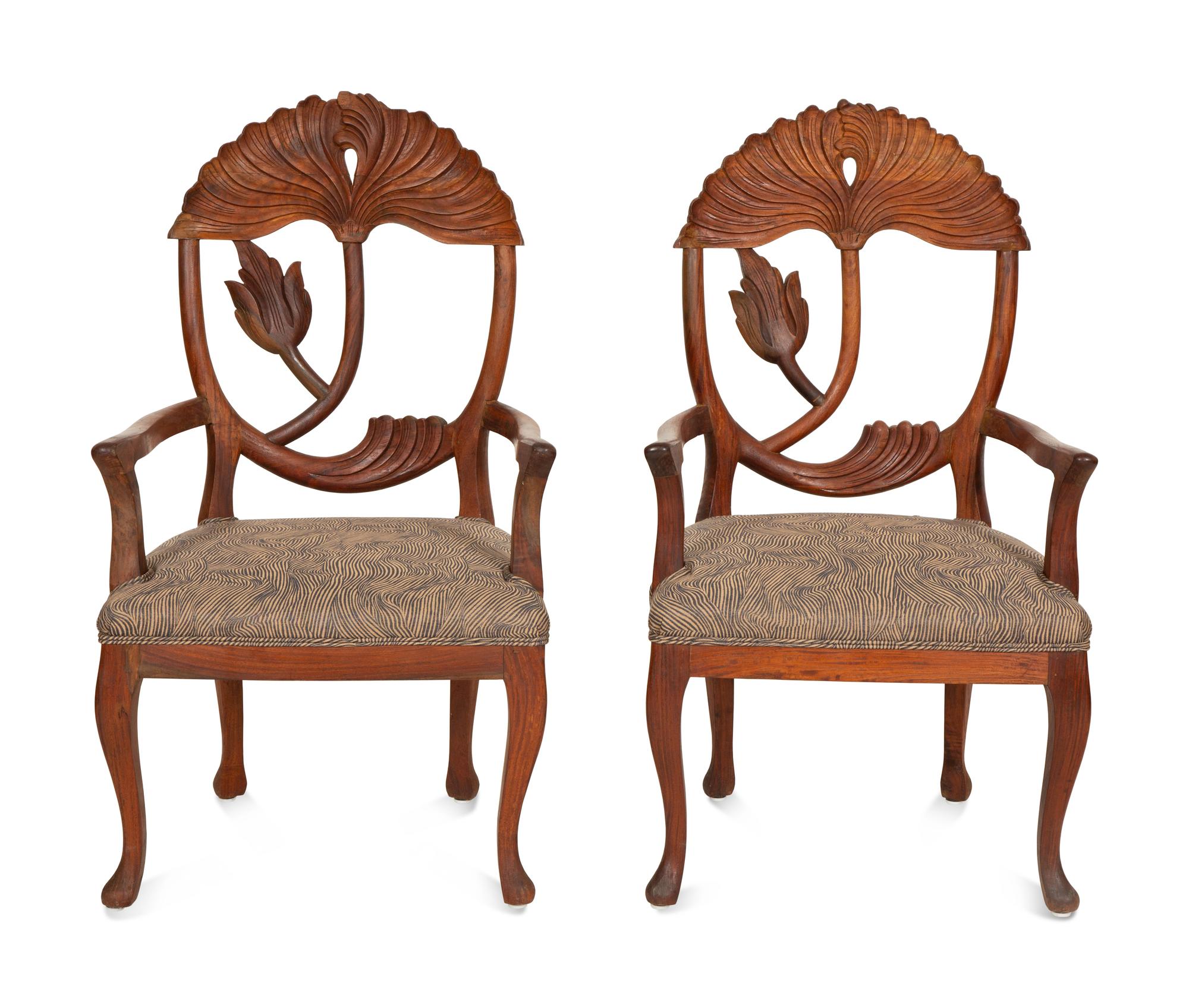 A Set of Five Carved Wood Lotus Flower Armchairs in the Manner of Phyllis Morris