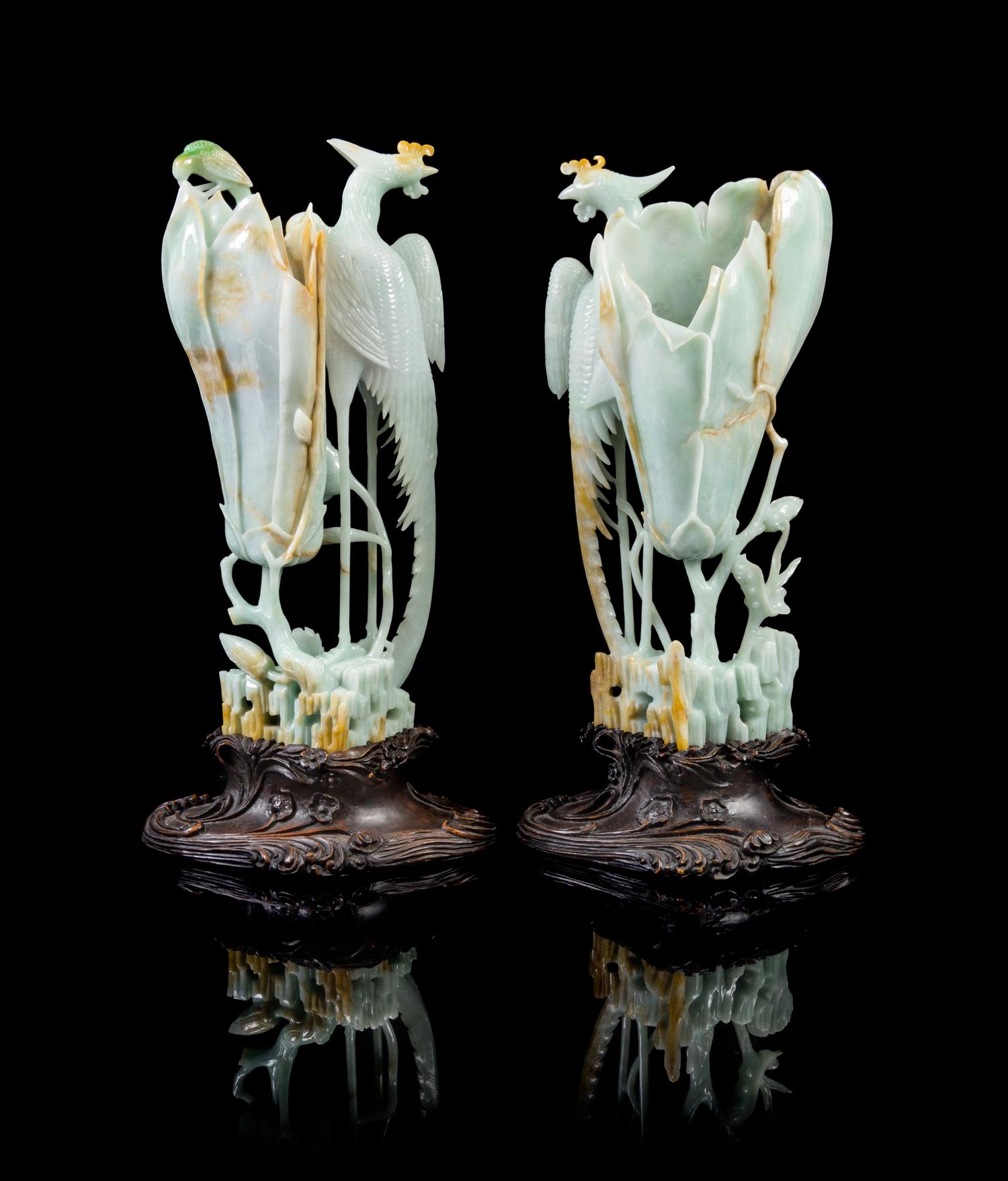 A Pair of Unusual Large Chinese Greenish-White Jadeite Phoenix Birds and Vase Group LATE QING DYNASTY Height of taller 15 inches. — LATE QING DYNASTY