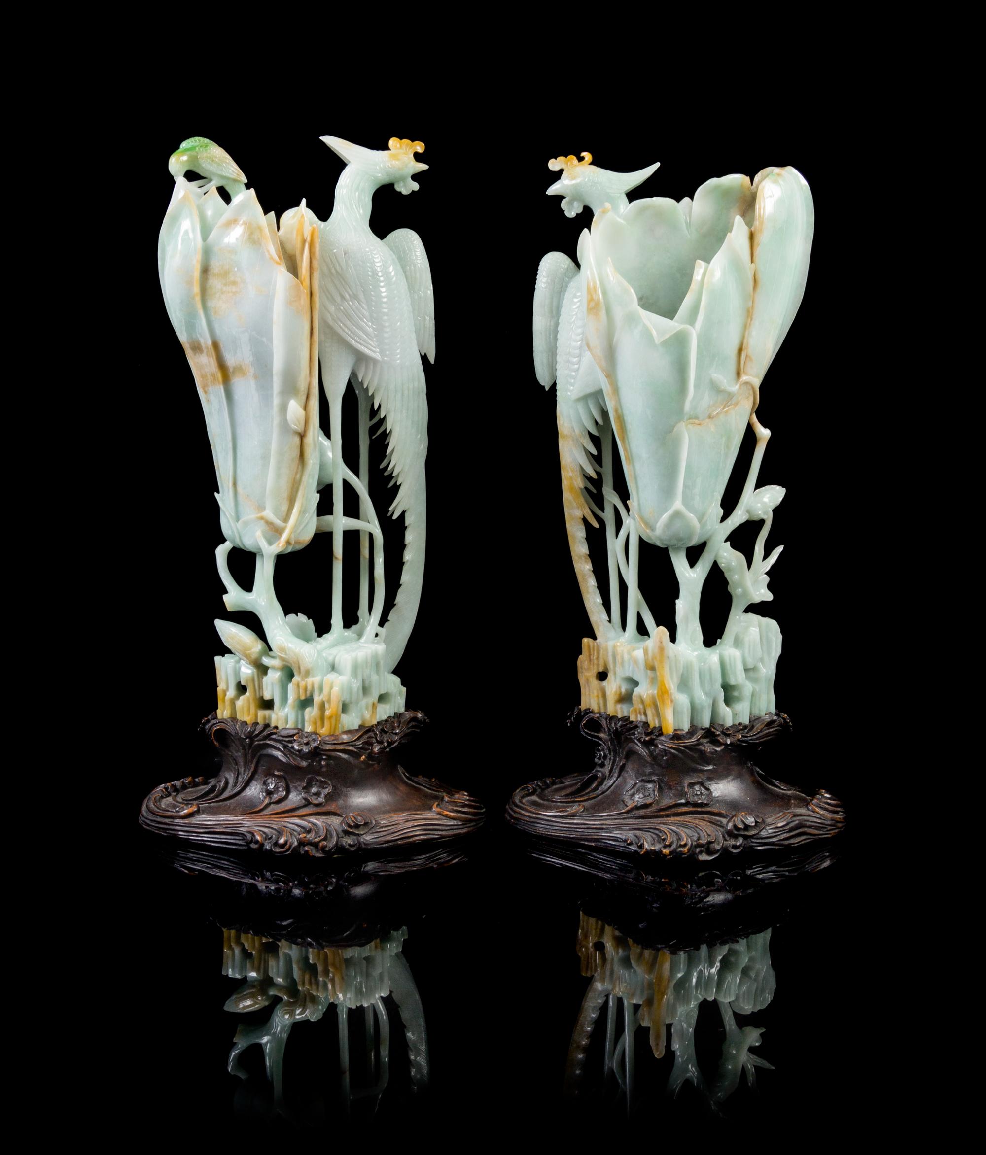 A Pair of Unusual Large Chinese Greenish-White Jadeite Phoenix Birds and Vase Group LATE QING DYNASTY Height of taller 15 inches. — LATE QING DYNASTY