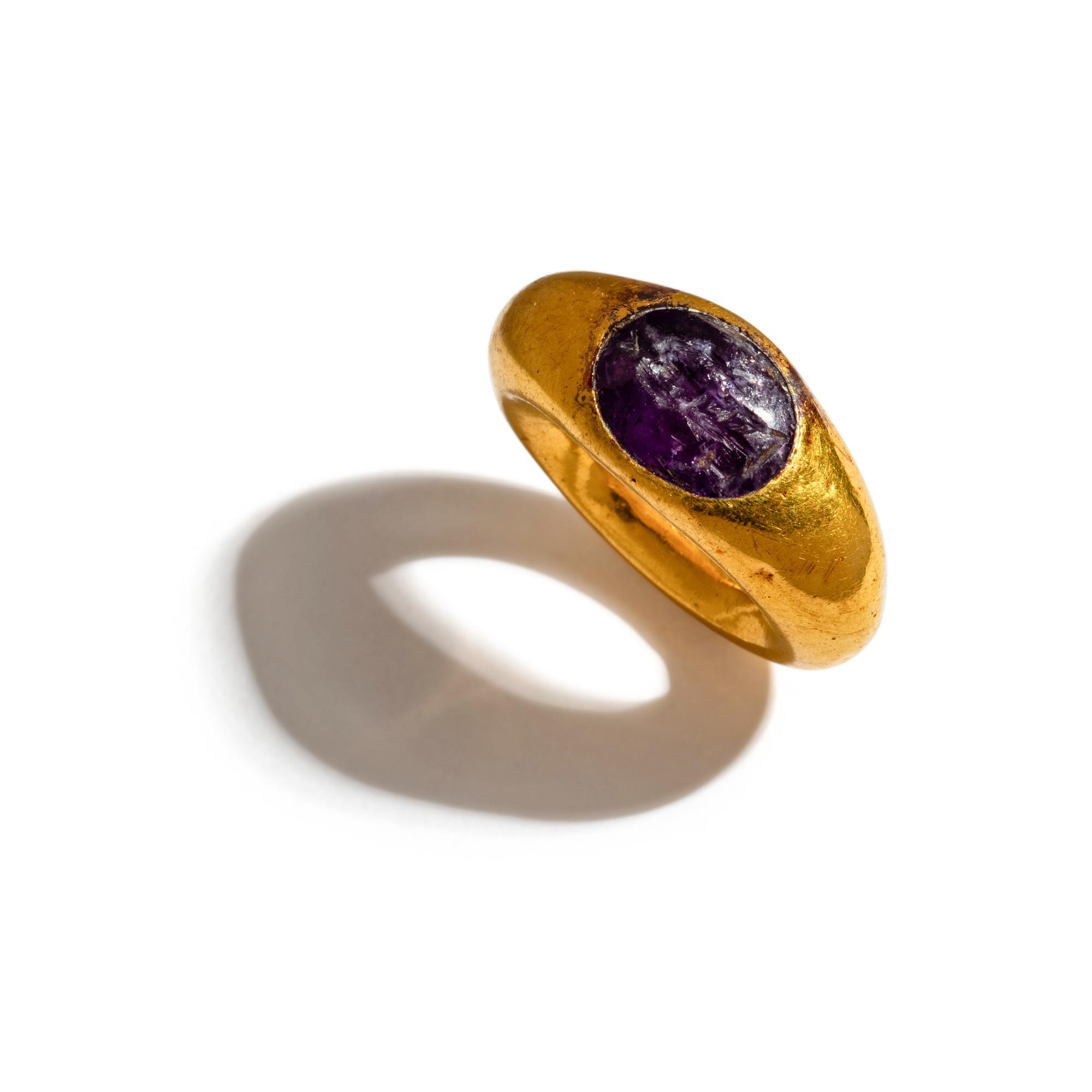 A Late Hellenistic Gilt-Iron and Amethyst Finger Ring with the God Serapis