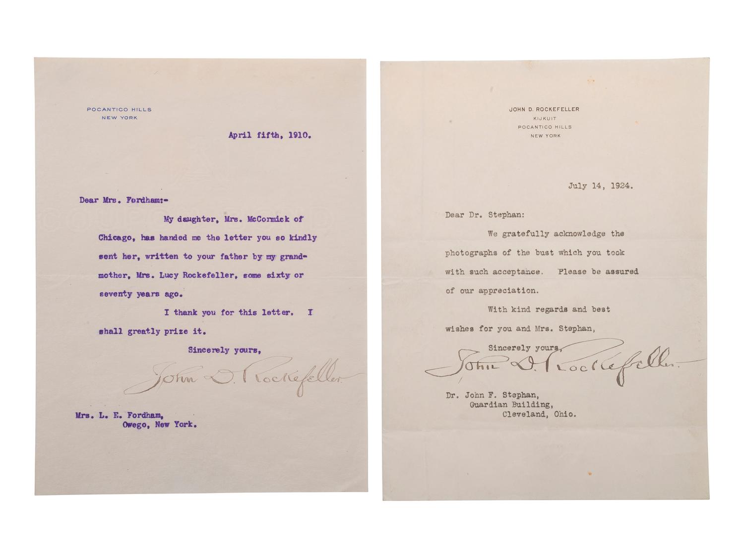 ROCKEFELLER, John D. (1839-1937). A group of 2 Typed Letters Signed ("John D. Rockefeller"). Pocantico Hills, New York.