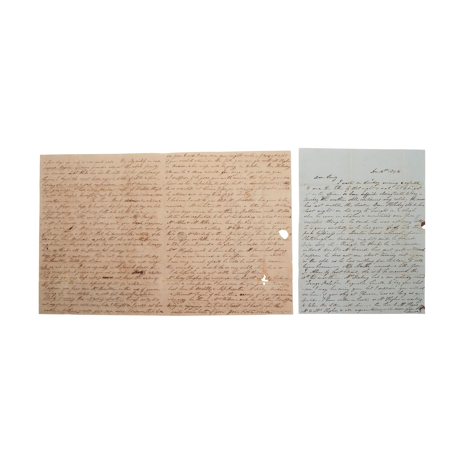 [OUTLAWS & LAWMEN]. A group of 4 items, highlighted by: RALSTON, Sam (1809-1899). Autograph letter signed ("Sam Ralston") to son-in-law, Frank James. Independence, MO, 8 April 1883. 2 pages, 7 3/4 x 12 1/2 in.