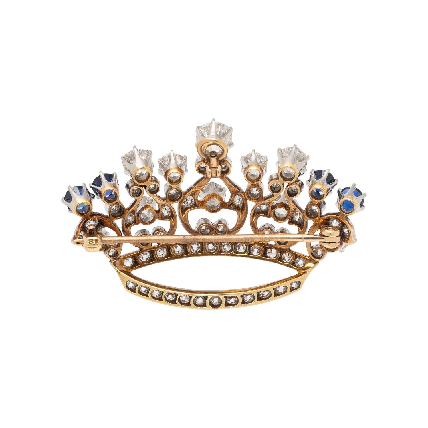 EDWARDIAN, PLATINUM-TOPPED GOLD AND DIAMOND CROWN PENDANT BROOCH