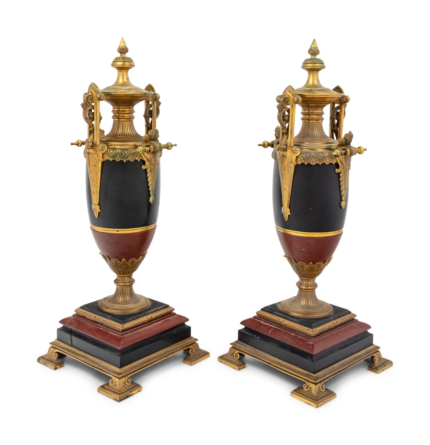 A Pair of French Gilt Bronze, Slate and Marble Urns
