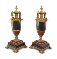 A Pair of French Gilt Bronze, Slate and Marble Urns