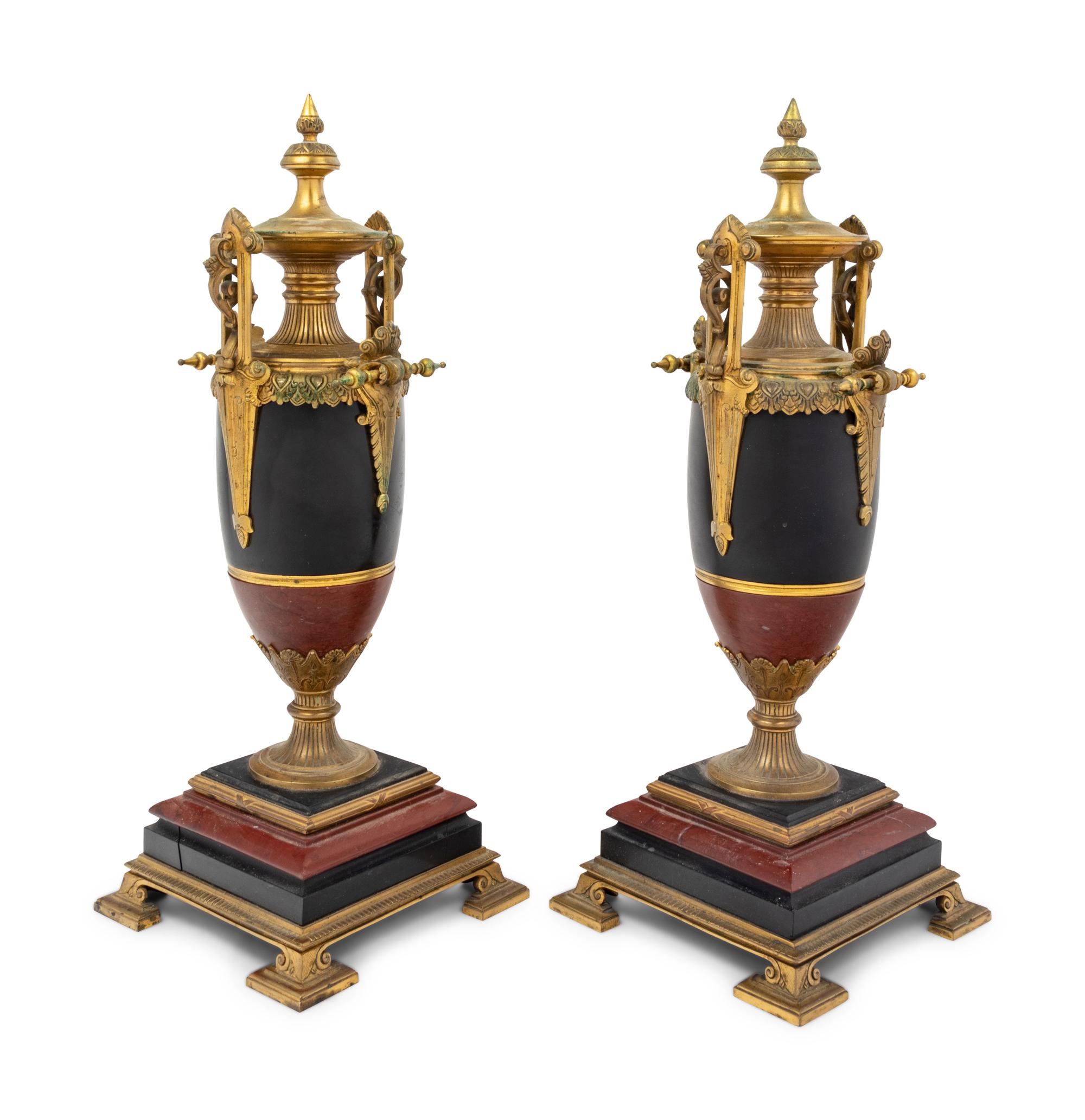 A Pair of French Gilt Bronze, Slate and Marble Urns