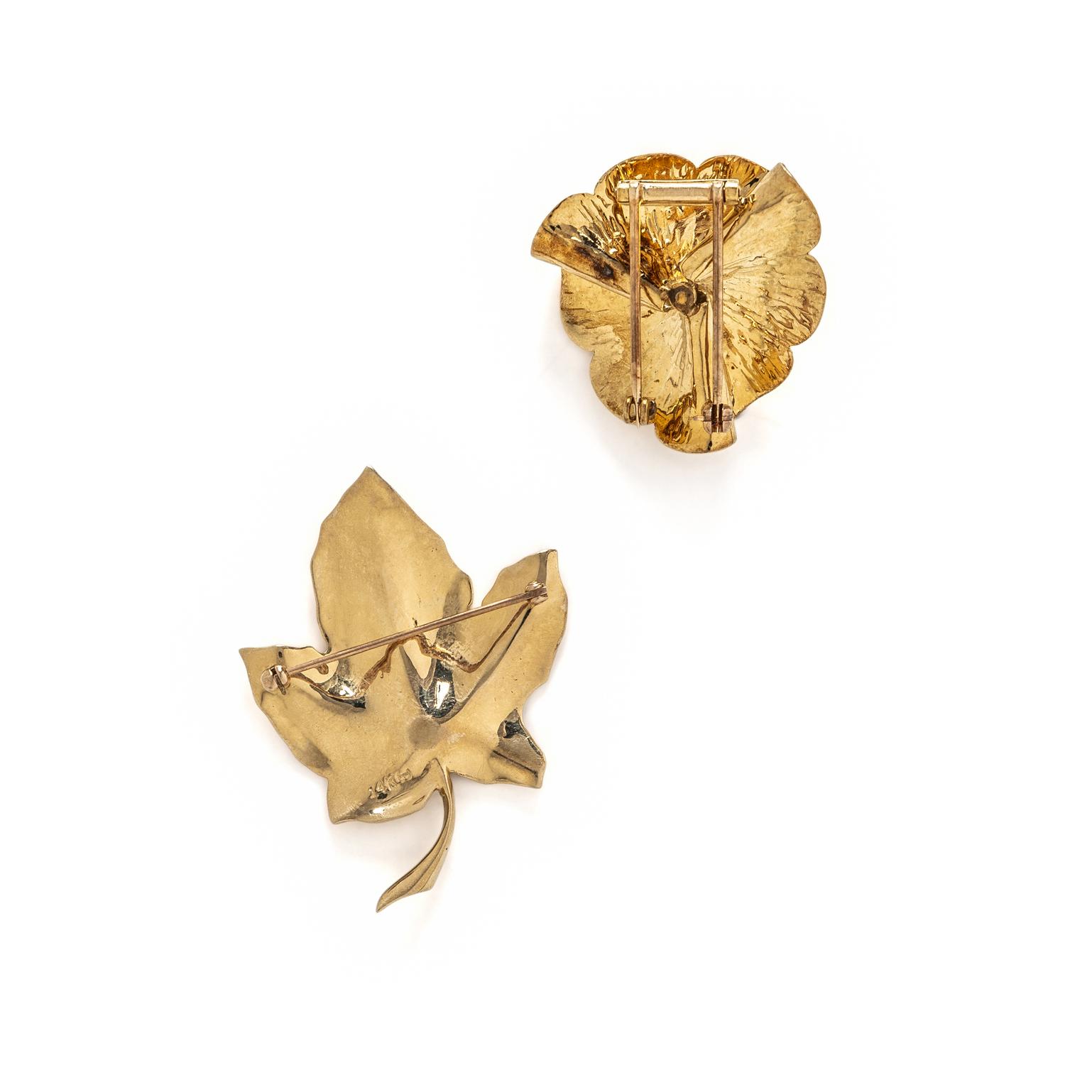 TWO YELLOW GOLD AND DIAMOND BROOCHES
