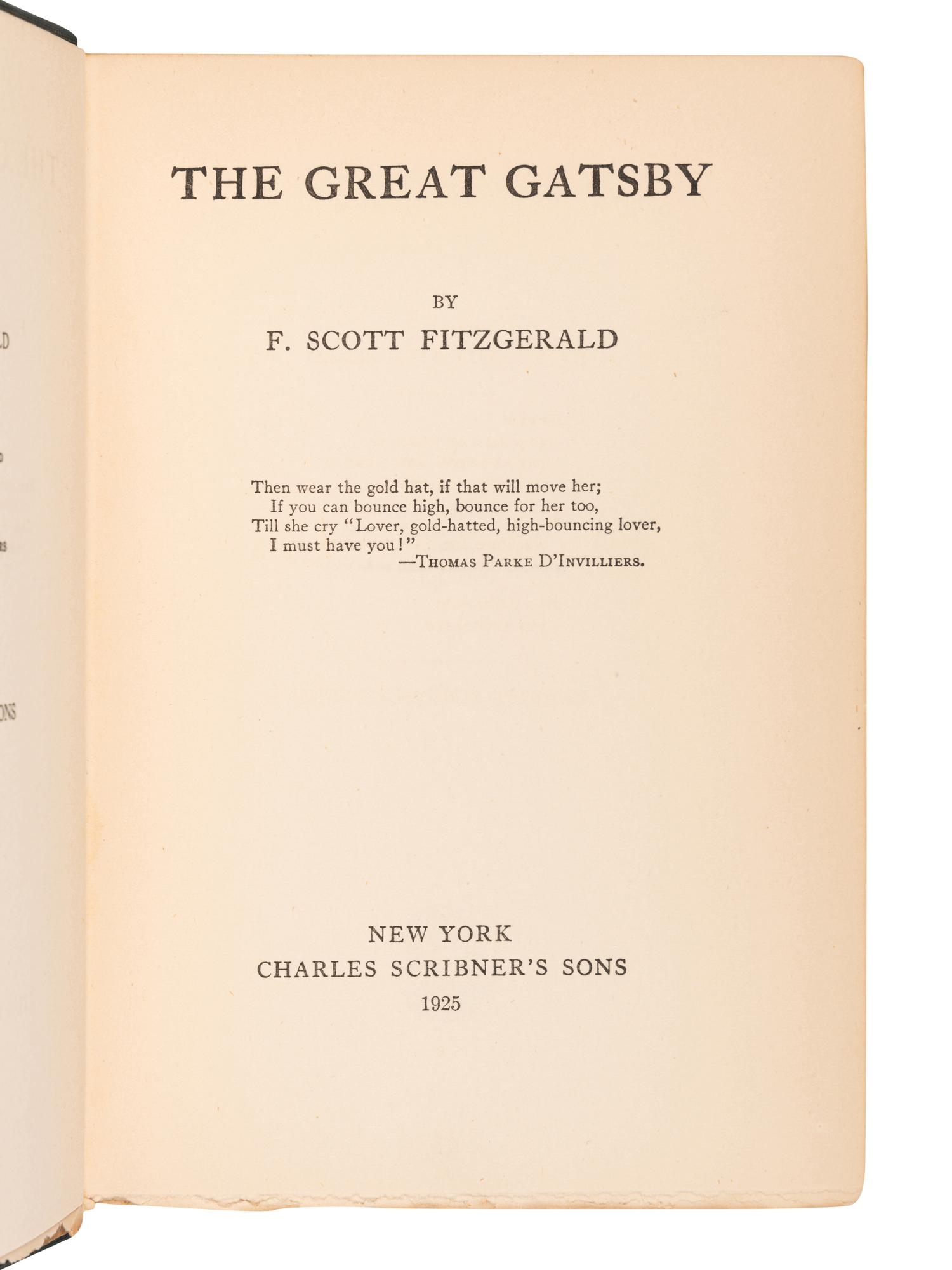 FITZGERALD, F. Scott (1896-1940). The Great Gatsby . New York: Charles Scribner's Sons, 1925.