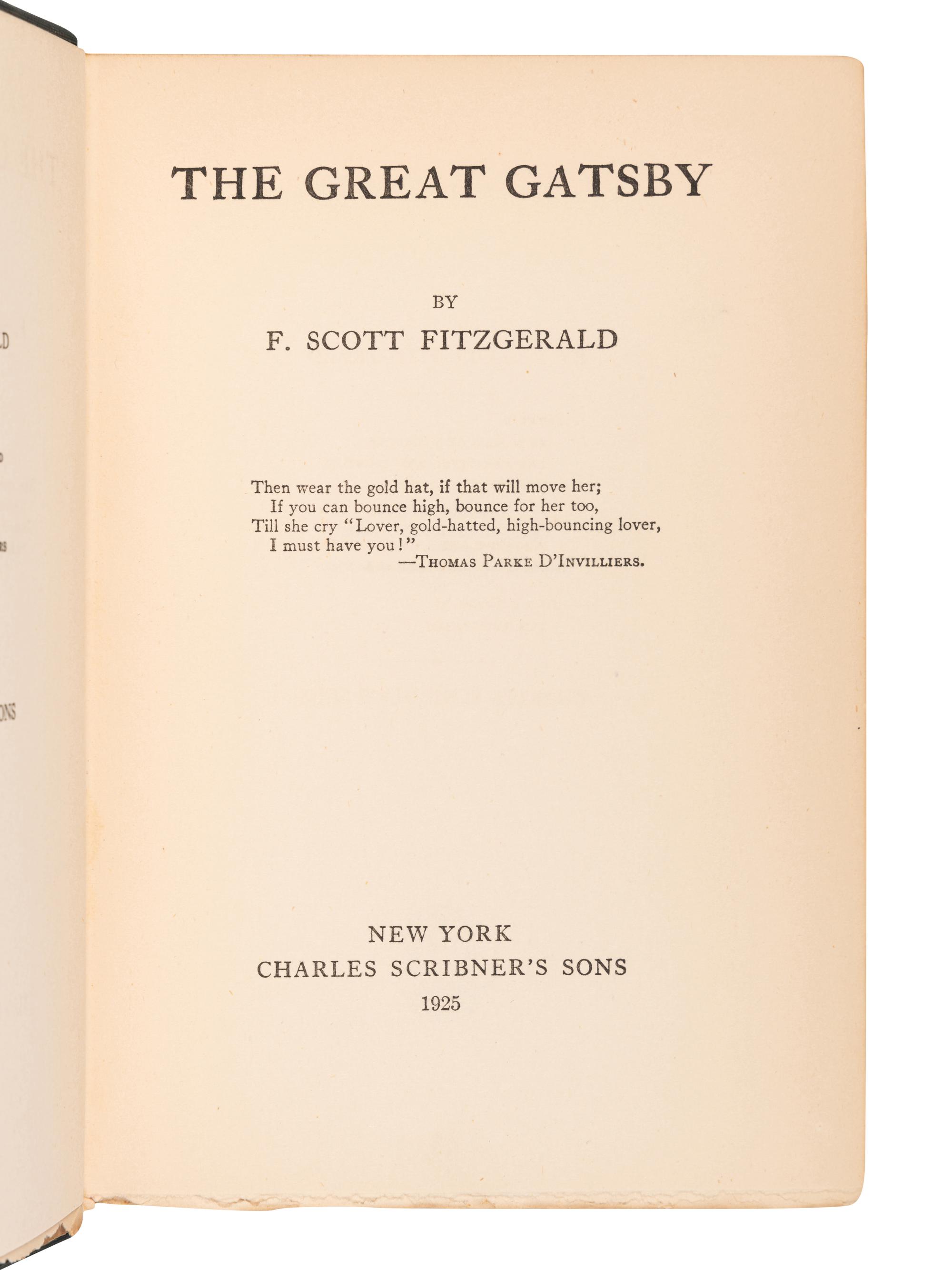 FITZGERALD, F. Scott (1896-1940). The Great Gatsby . New York: Charles Scribner's Sons, 1925.
