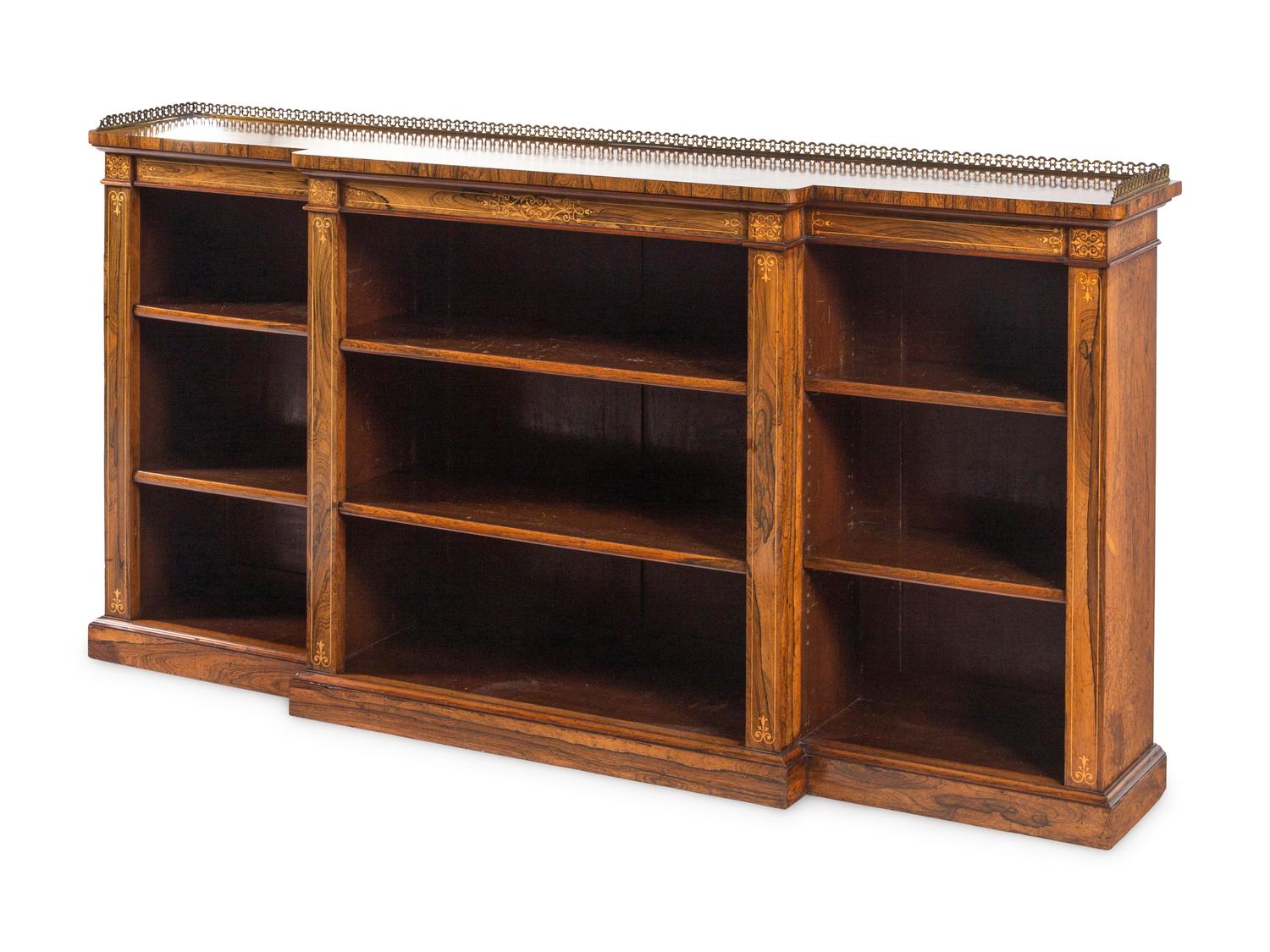 A Regency Indian Rosewood and Fruitwood Marquetry Breakfront Bookcase