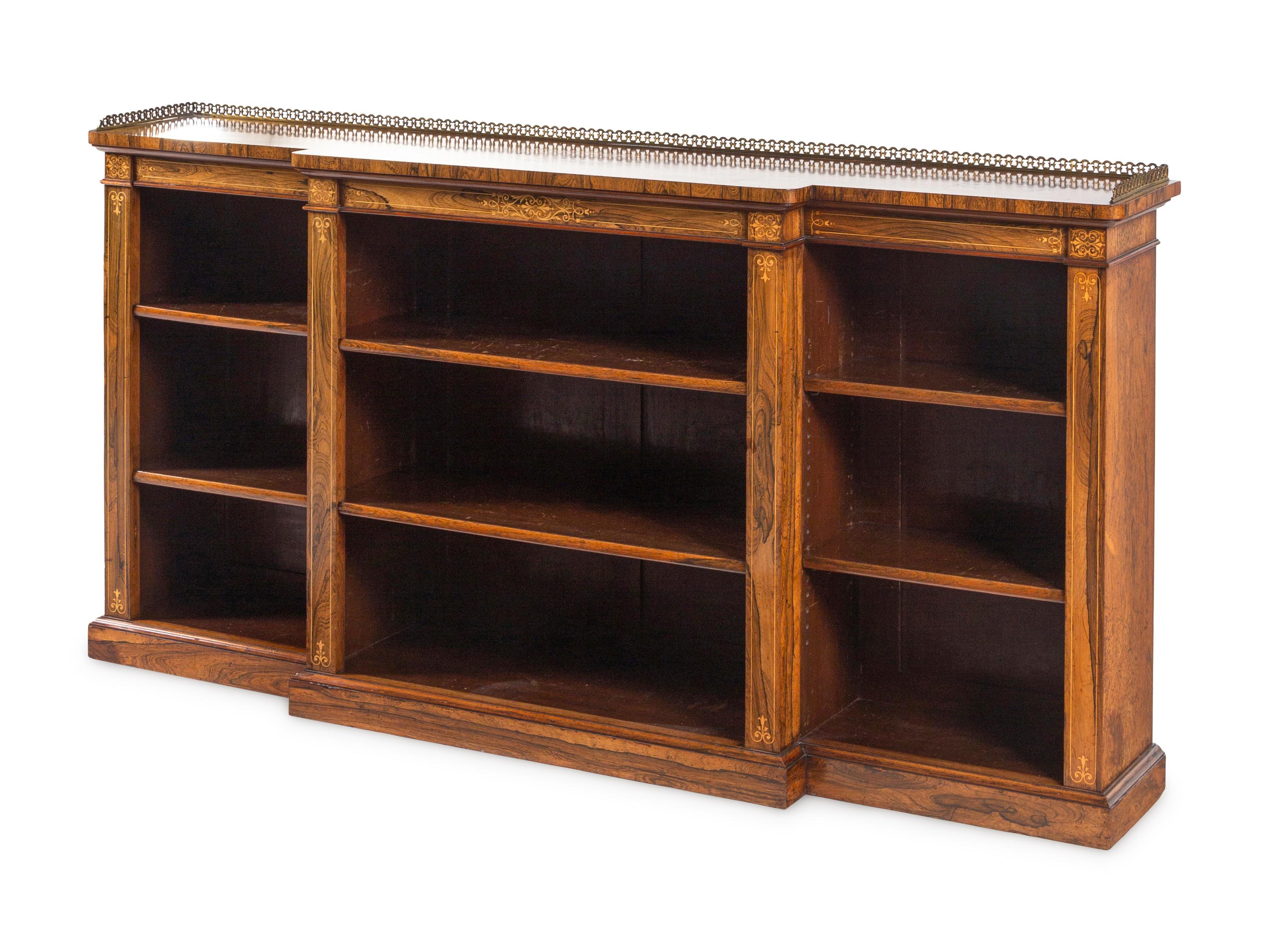 A Regency Indian Rosewood and Fruitwood Marquetry Breakfront Bookcase