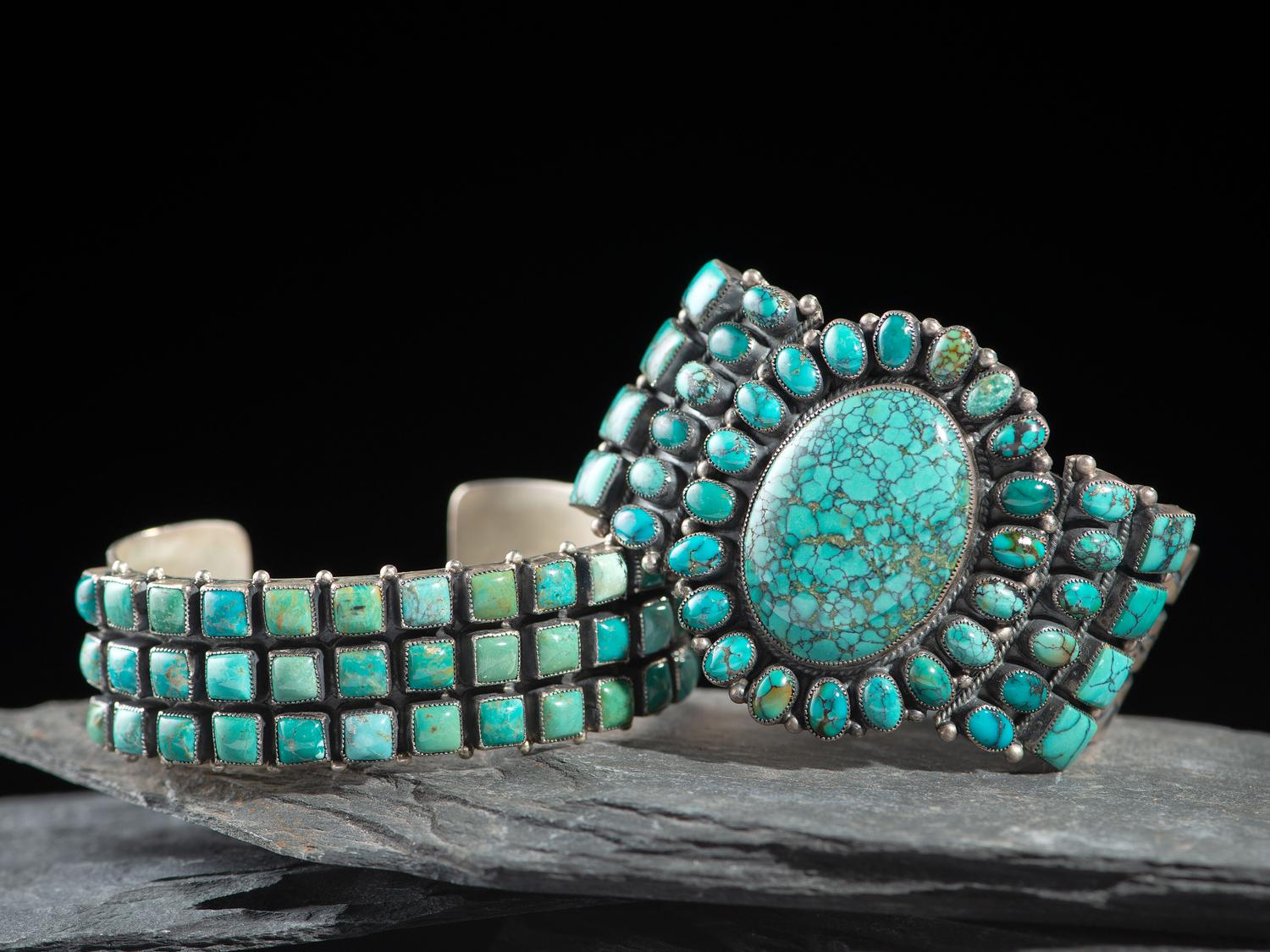 Southwestern-style Sterling Silver and Turquoise Cluster Cuff Bracelets