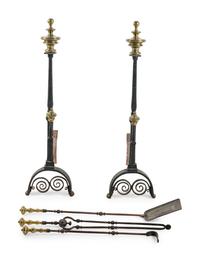 A Pair of Baroque Style Brass and Iron Andirons