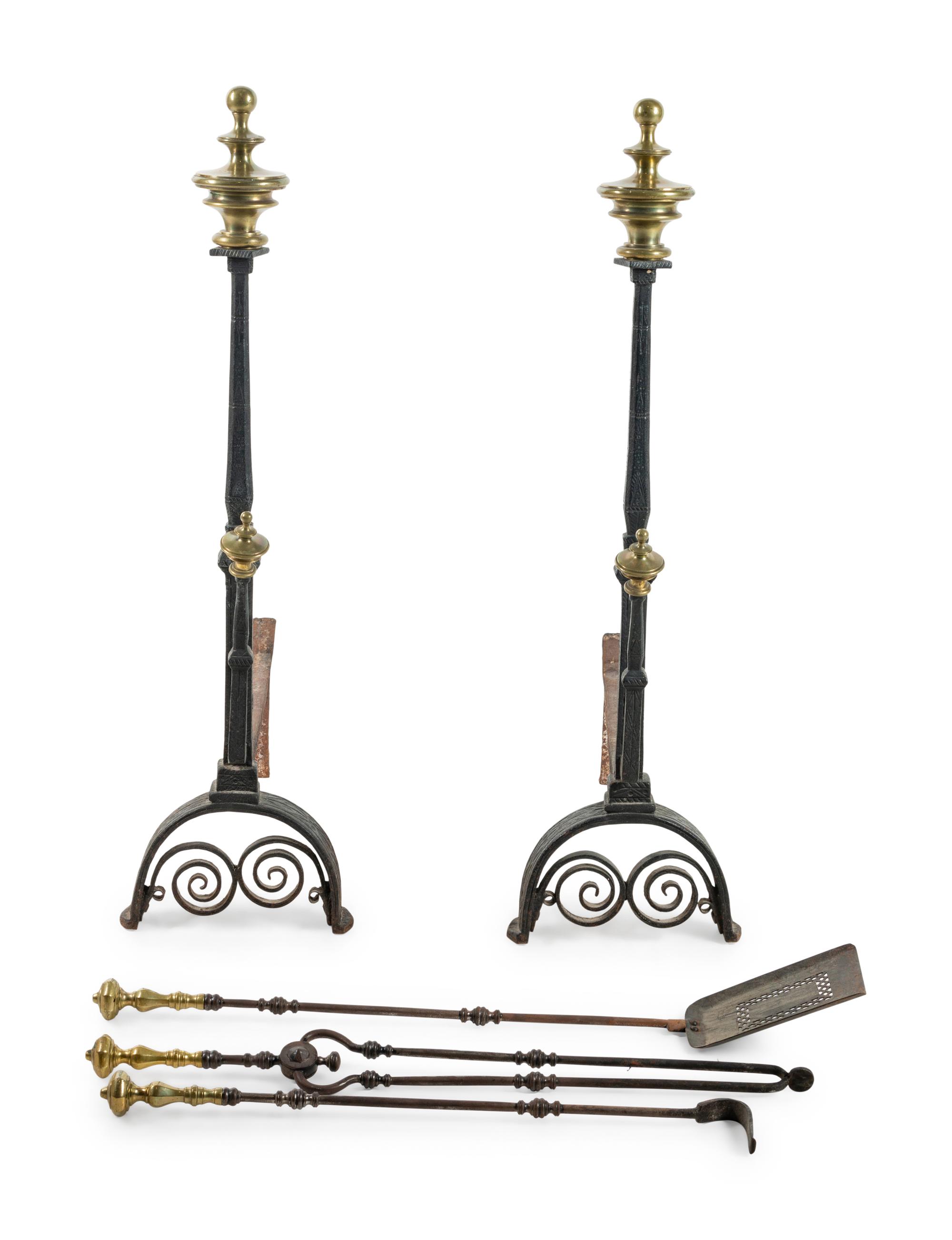 A Pair of Baroque Style Brass and Iron Andirons