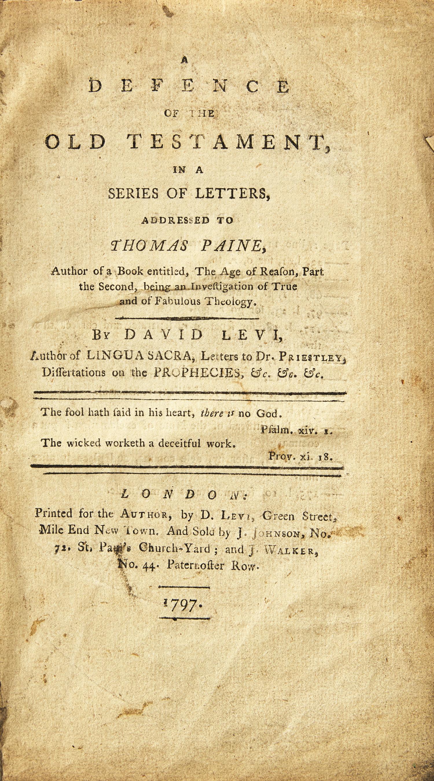 [Judaica] [Paine, Thomas] Levi, David. A Defence of the Old Testament, in a Series of Letters, Addressed to Thomas Paine...