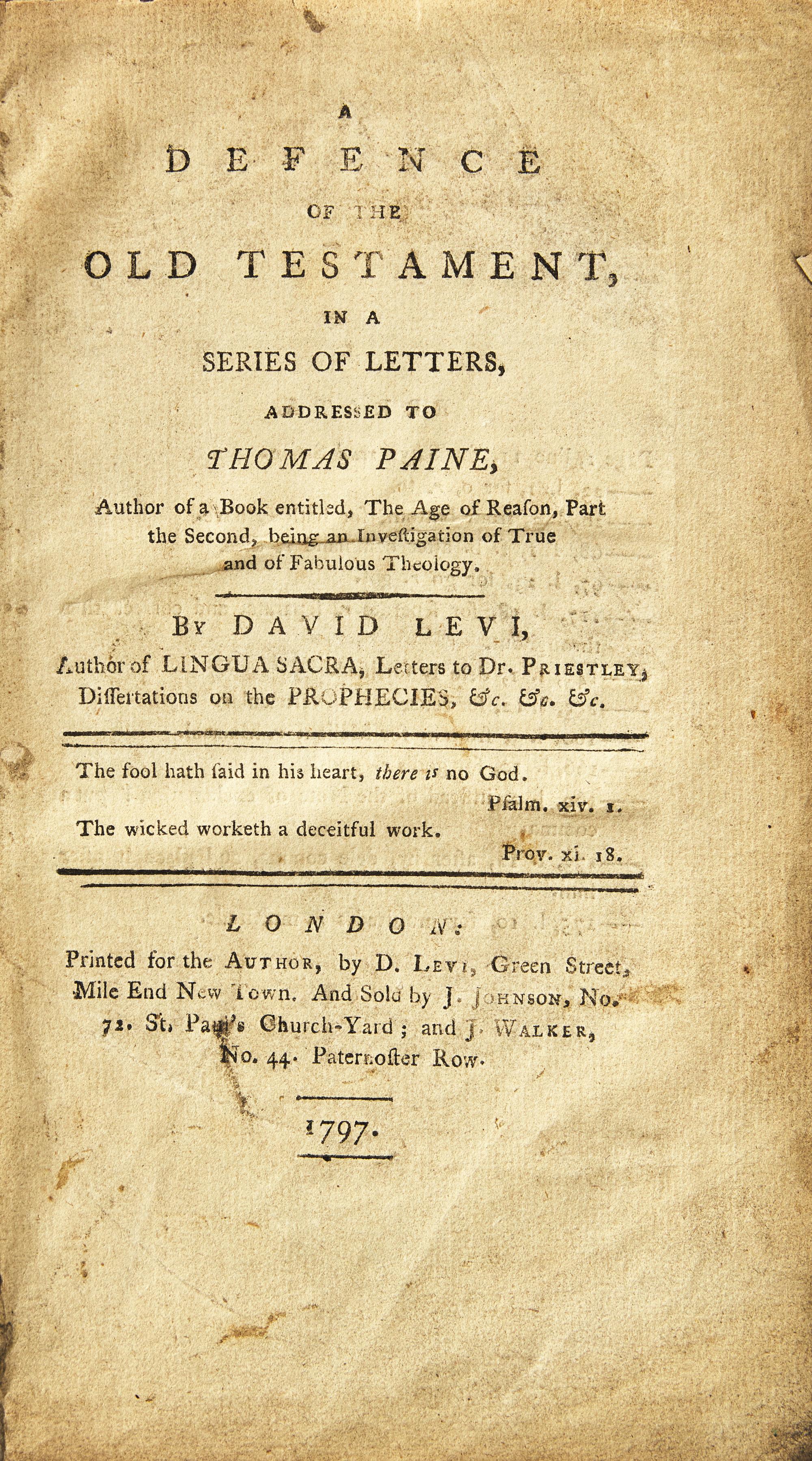 [Judaica] [Paine, Thomas] Levi, David. A Defence of the Old Testament, in a Series of Letters, Addressed to Thomas Paine...