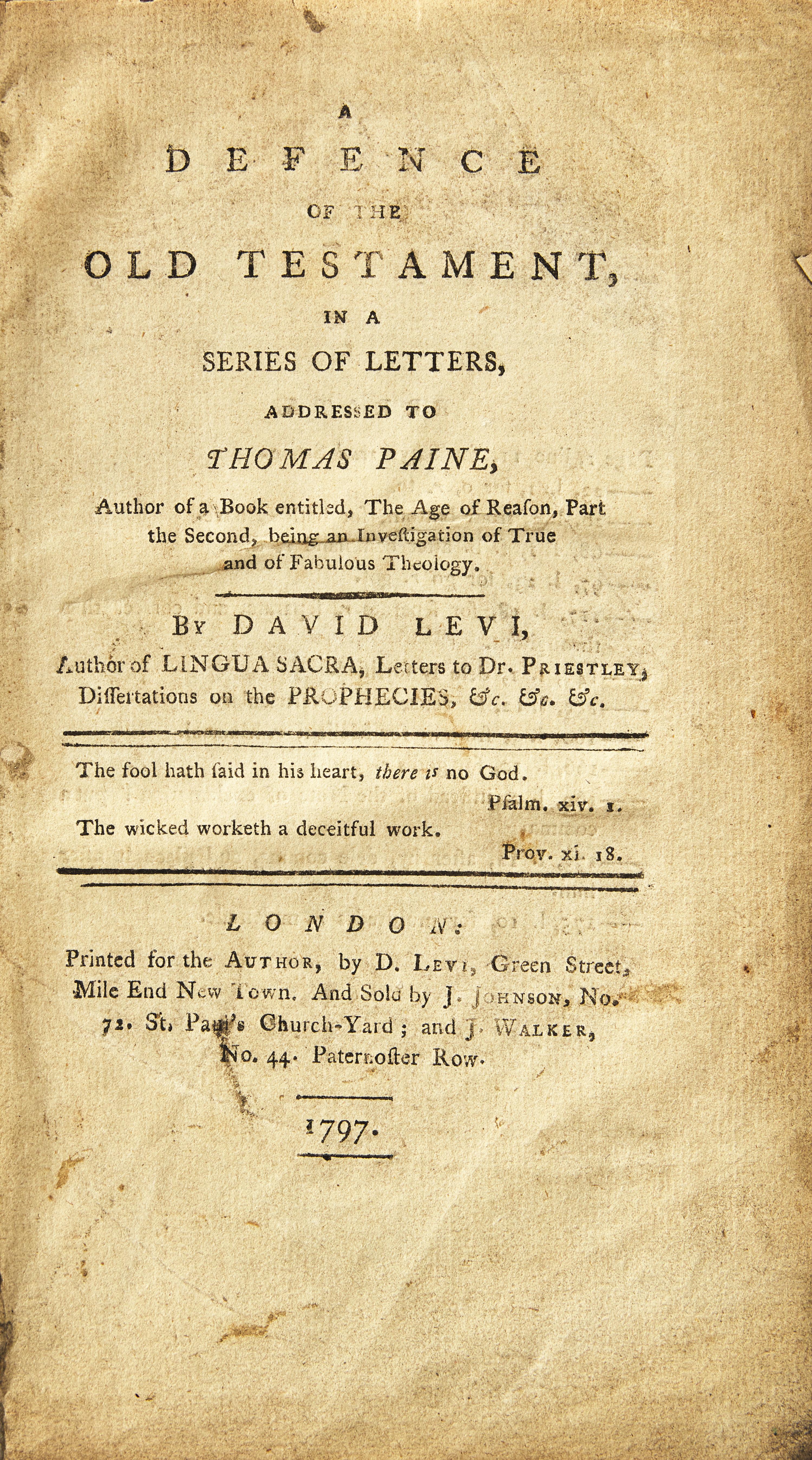 [Judaica] [Paine, Thomas] Levi, David. A Defence of the Old Testament, in a Series of Letters, Addressed to Thomas Paine...