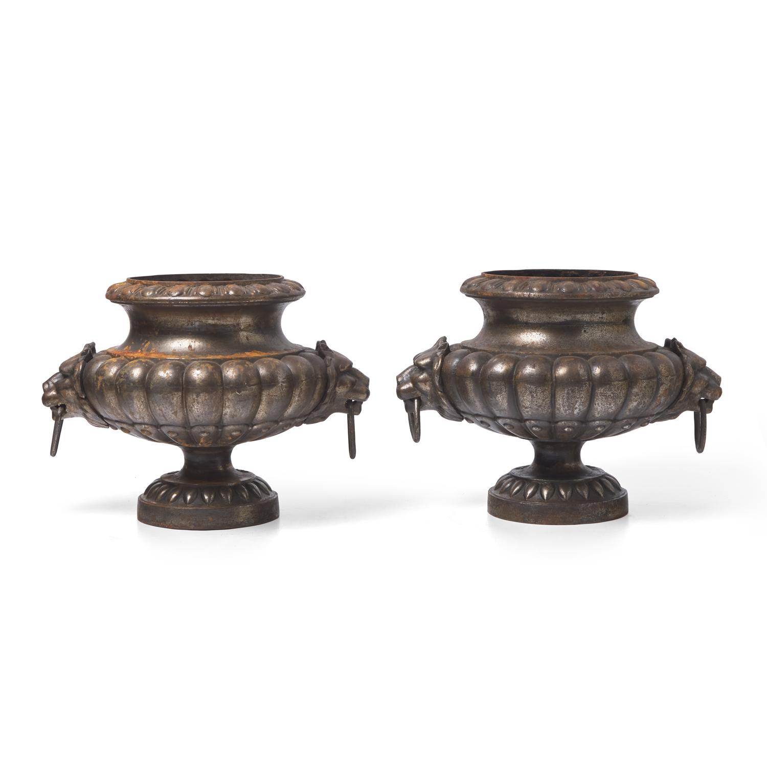 A Pair of Cast Metal Urn-Form Planters