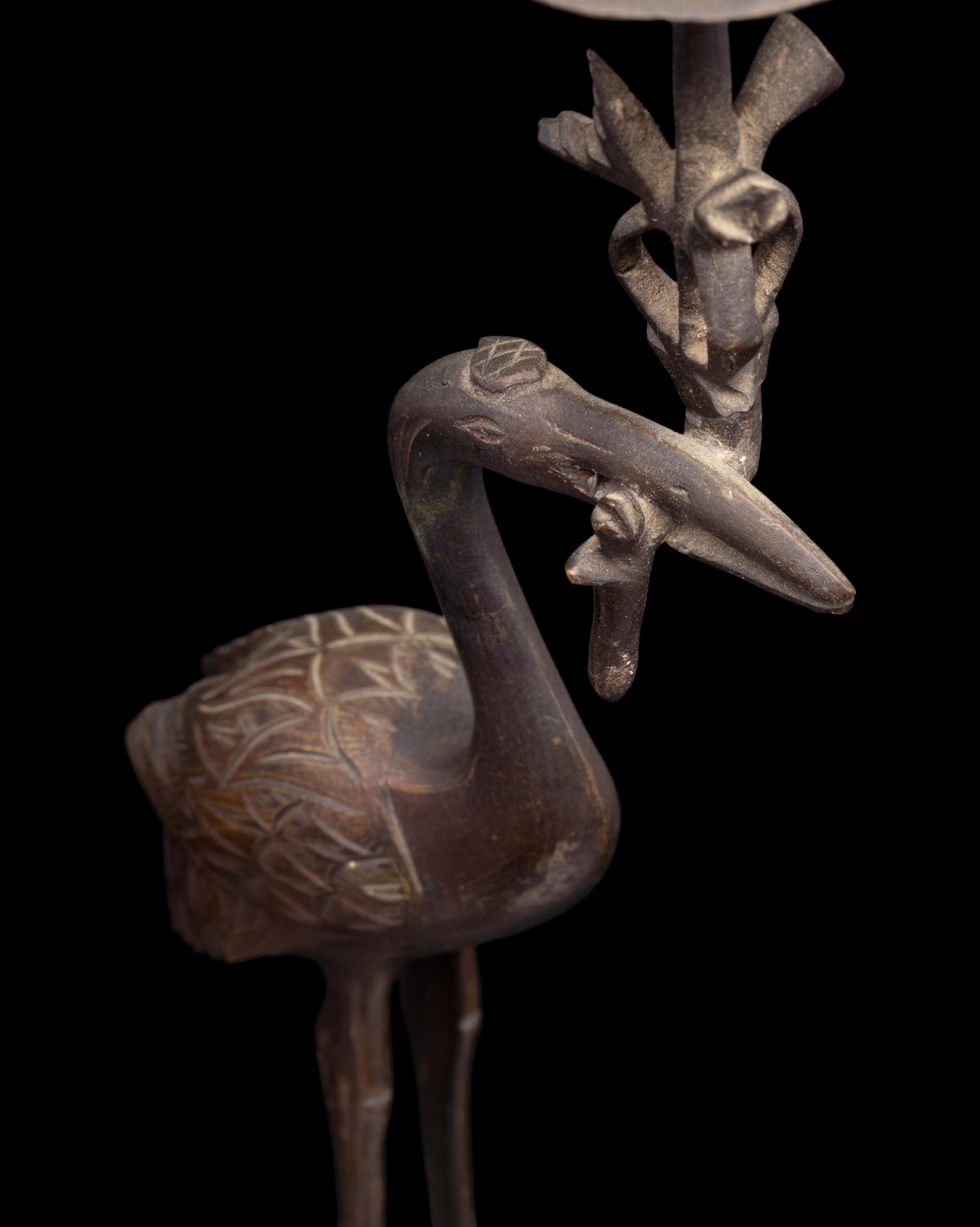 A Japanese Bronze Incense Burner and A Pair of Crane-Form Candle Holders