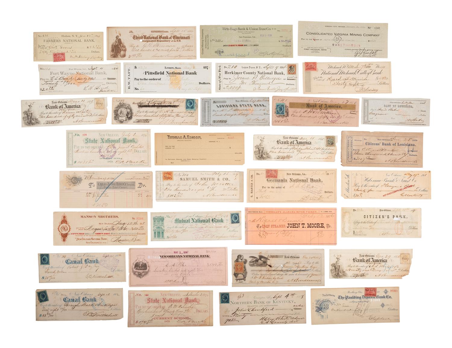 [BUSINESS - LOUISIANA]. Extensive group of 800+ checks & stock certificates, many from Louisiana.