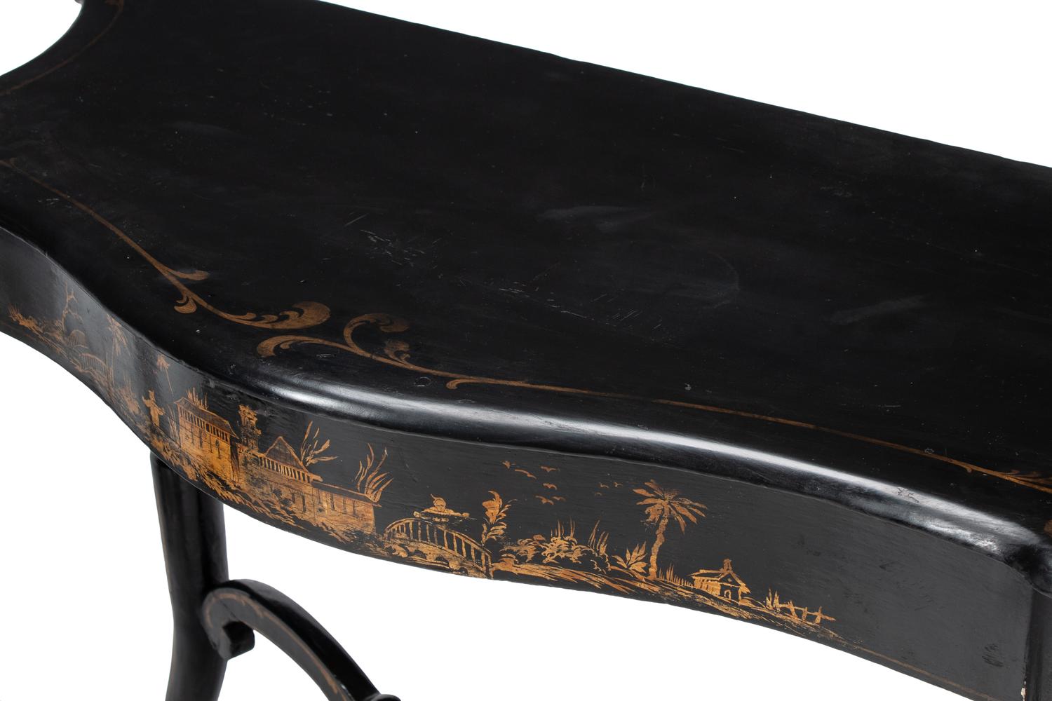 A Pair of English Black and Gilt-Japanned Console Tables