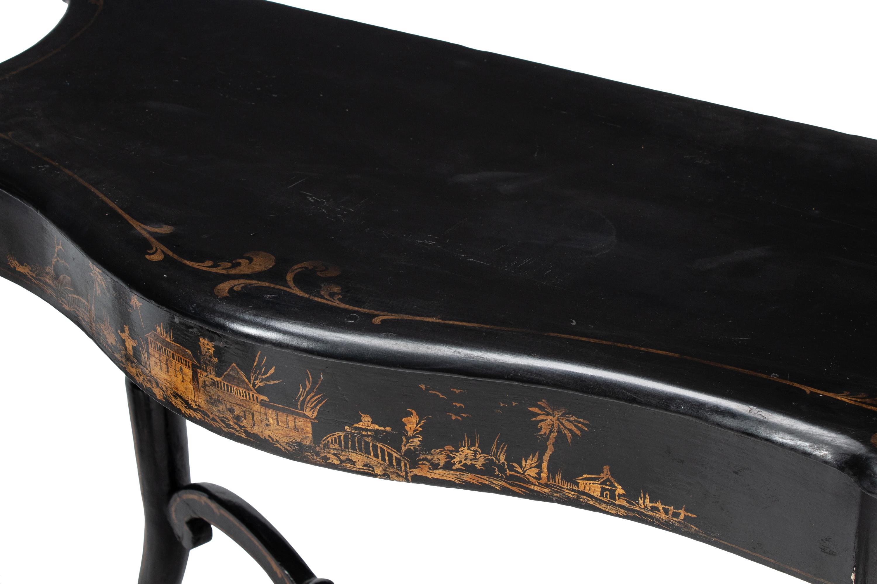 A Pair of English Black and Gilt-Japanned Console Tables