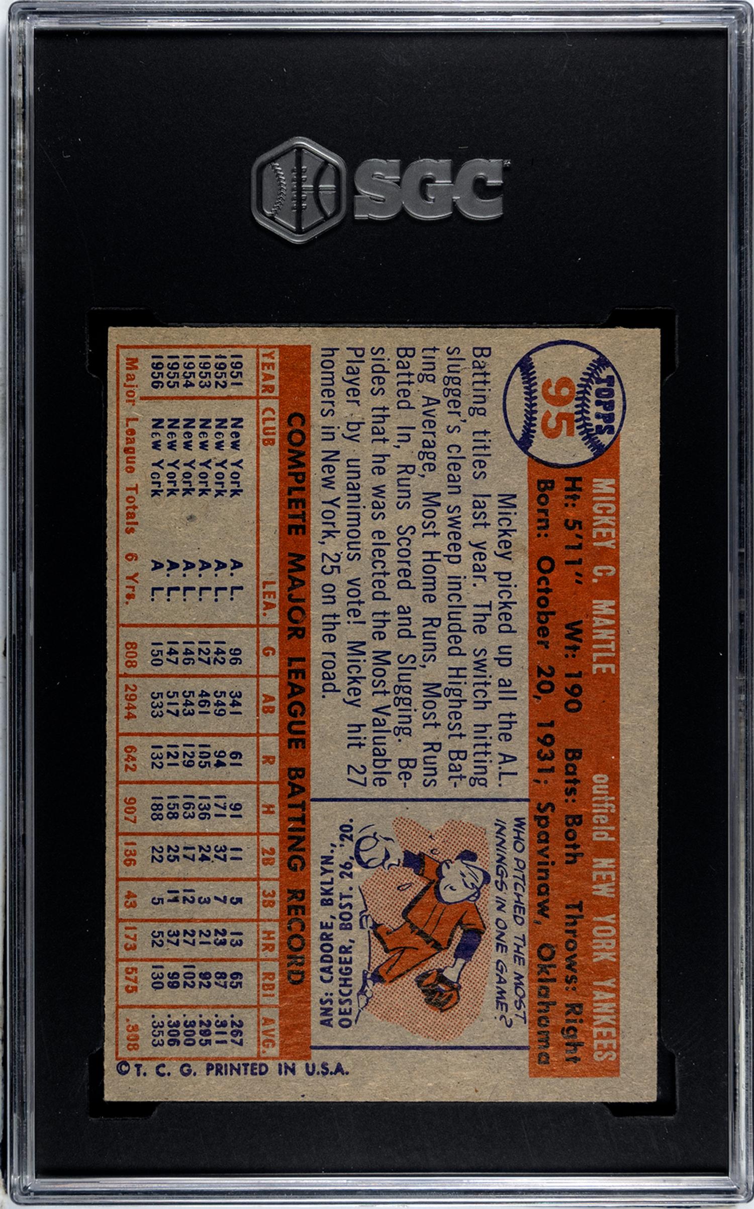 A 1957 Topps Mickey Mantle Baseball Card No. 95 (SGC 6 EX/NM)