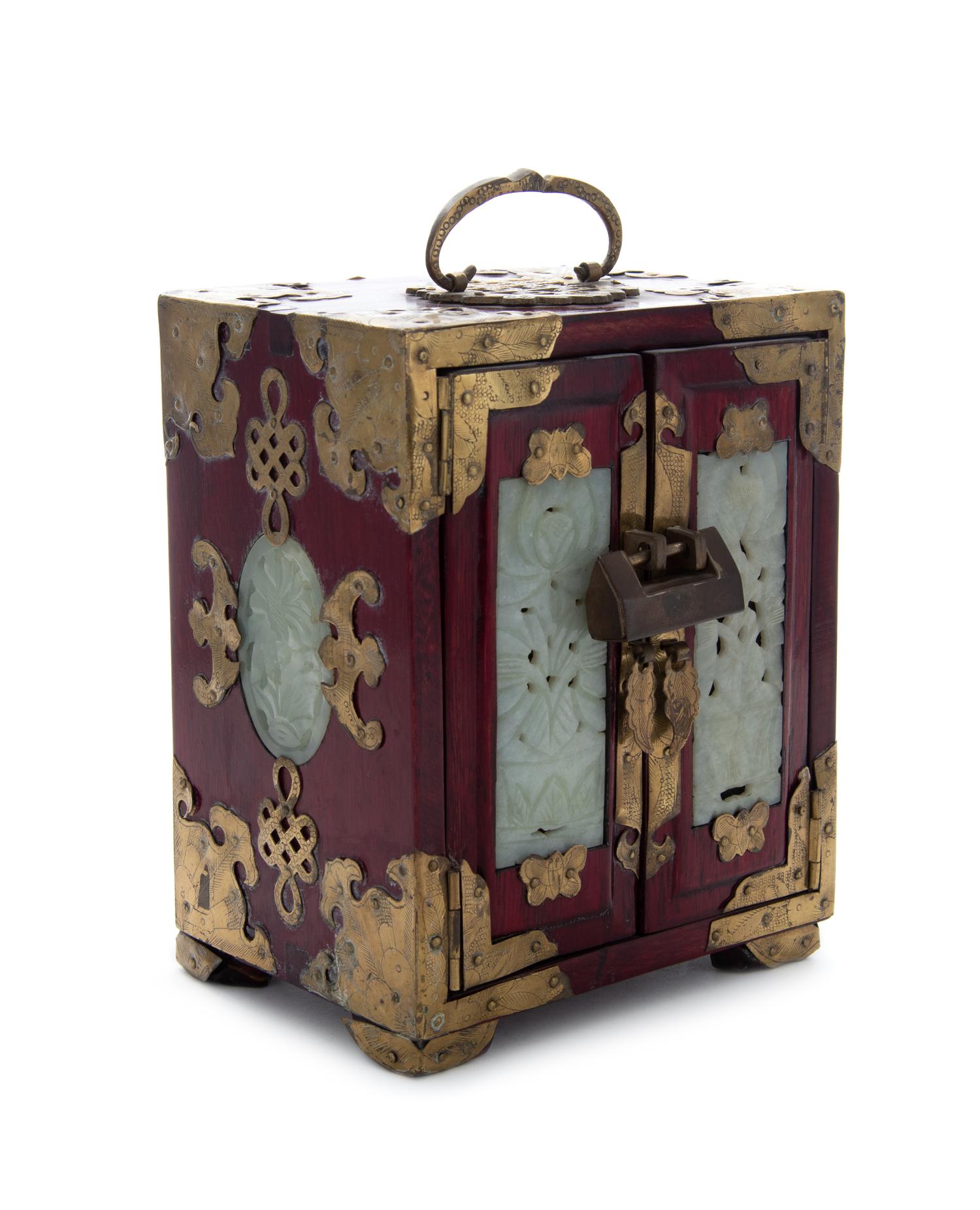A Chinese Hardstone Mounted Gilt Metal Box