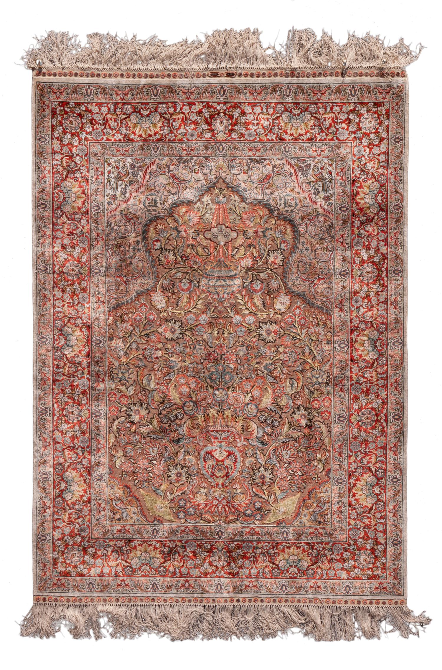 A Silk and Metallic Thread Prayer Rug 4 feet 9 inches x 3 feet 5 inches. — SECOND HALF 20TH CENTURY