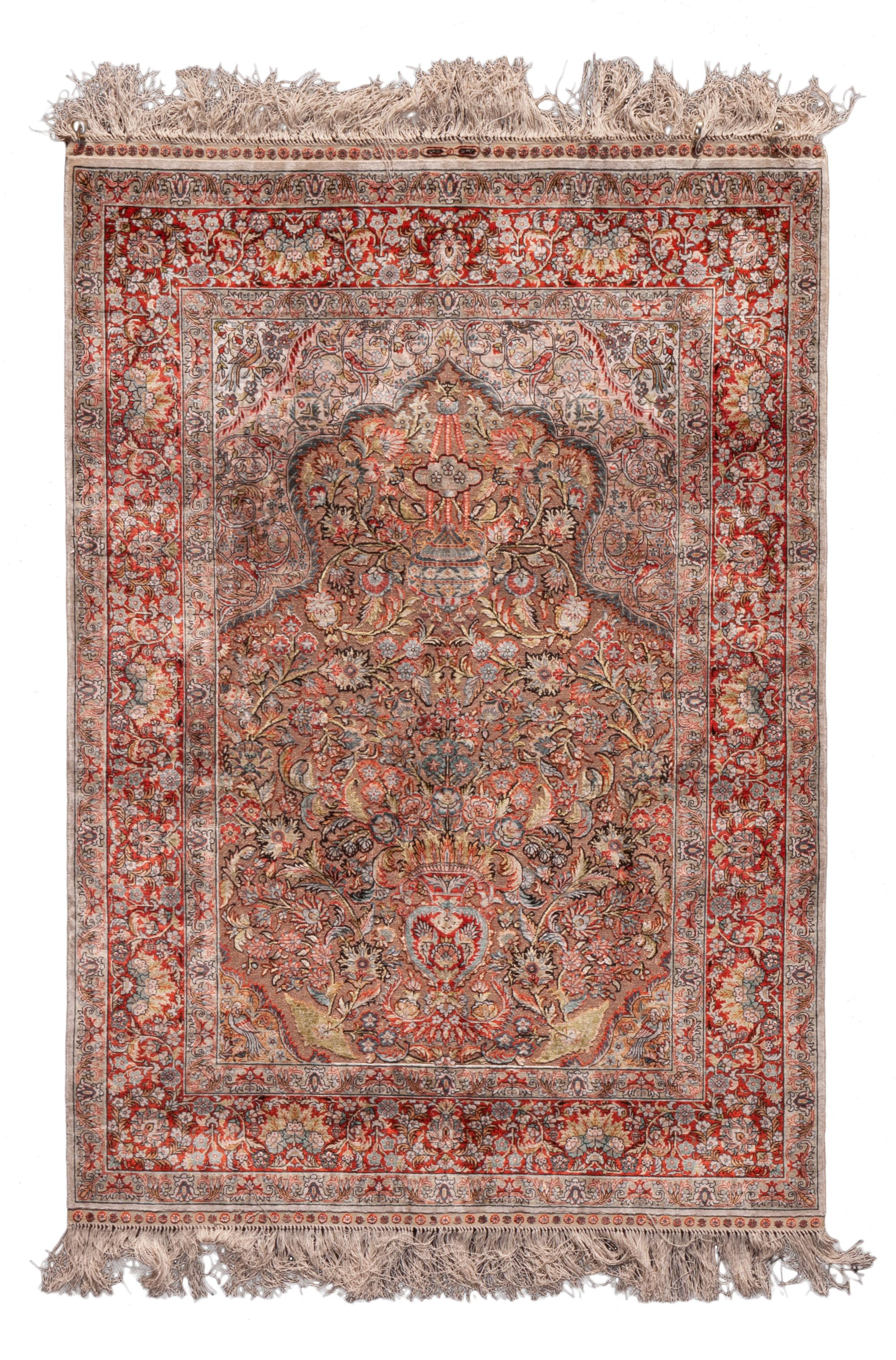 A Silk and Metallic Thread Prayer Rug 4 feet 9 inches x 3 feet 5 inches. — SECOND HALF 20TH CENTURY