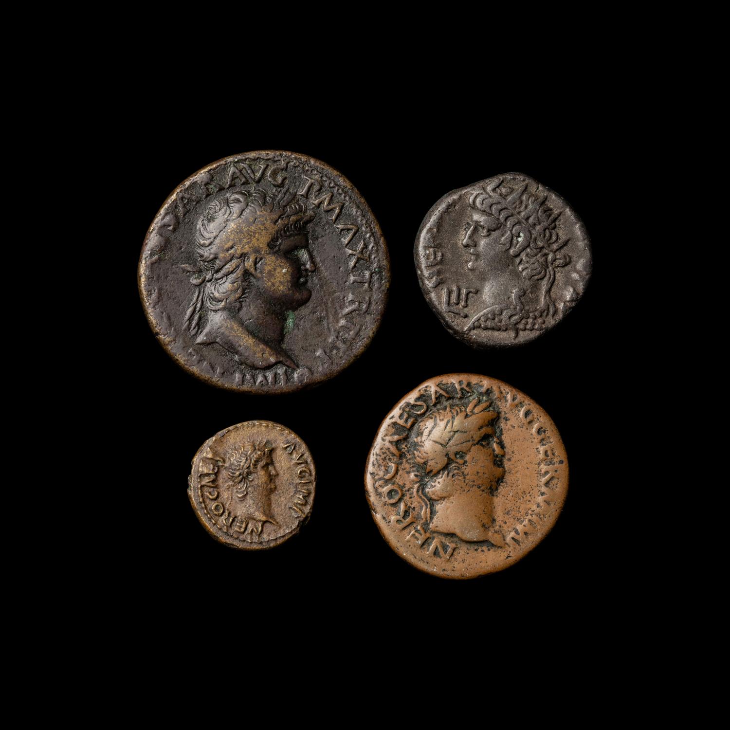 [ANCIENTS] ROMAN EMPIRE. Nero (54-68 AD). Ae Sestertius, Ae Billon Tetradrachm, Ae As and Ae Quadrans; Four Coins