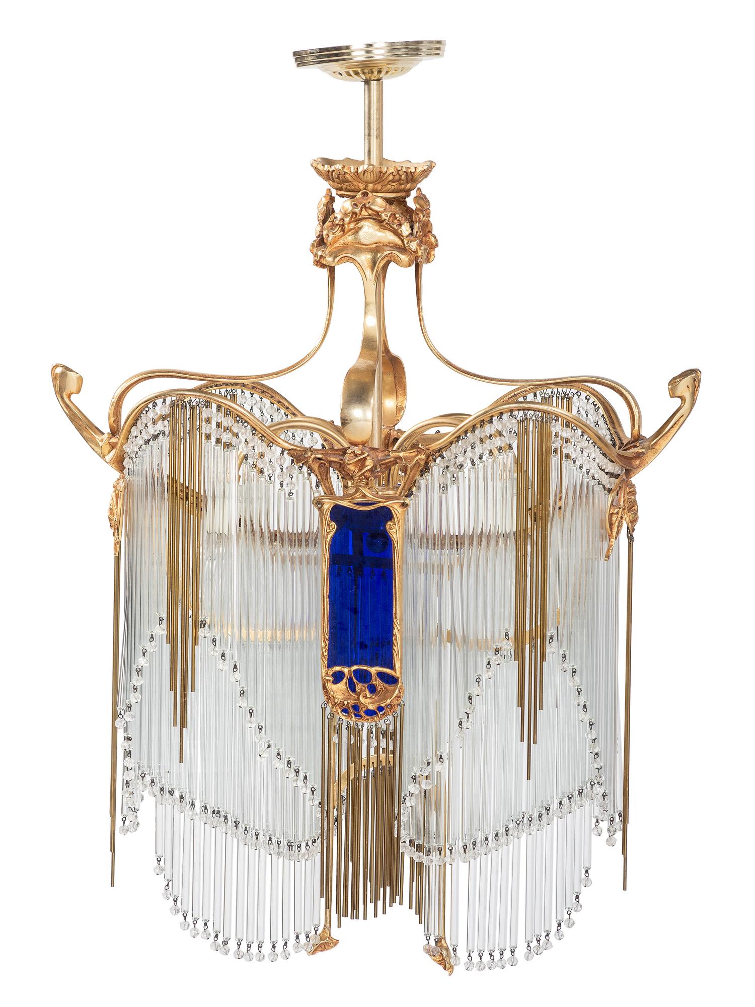 An Art Nouveau-Style Gilt Metal and Glass Chandelier, after Hector Guimard