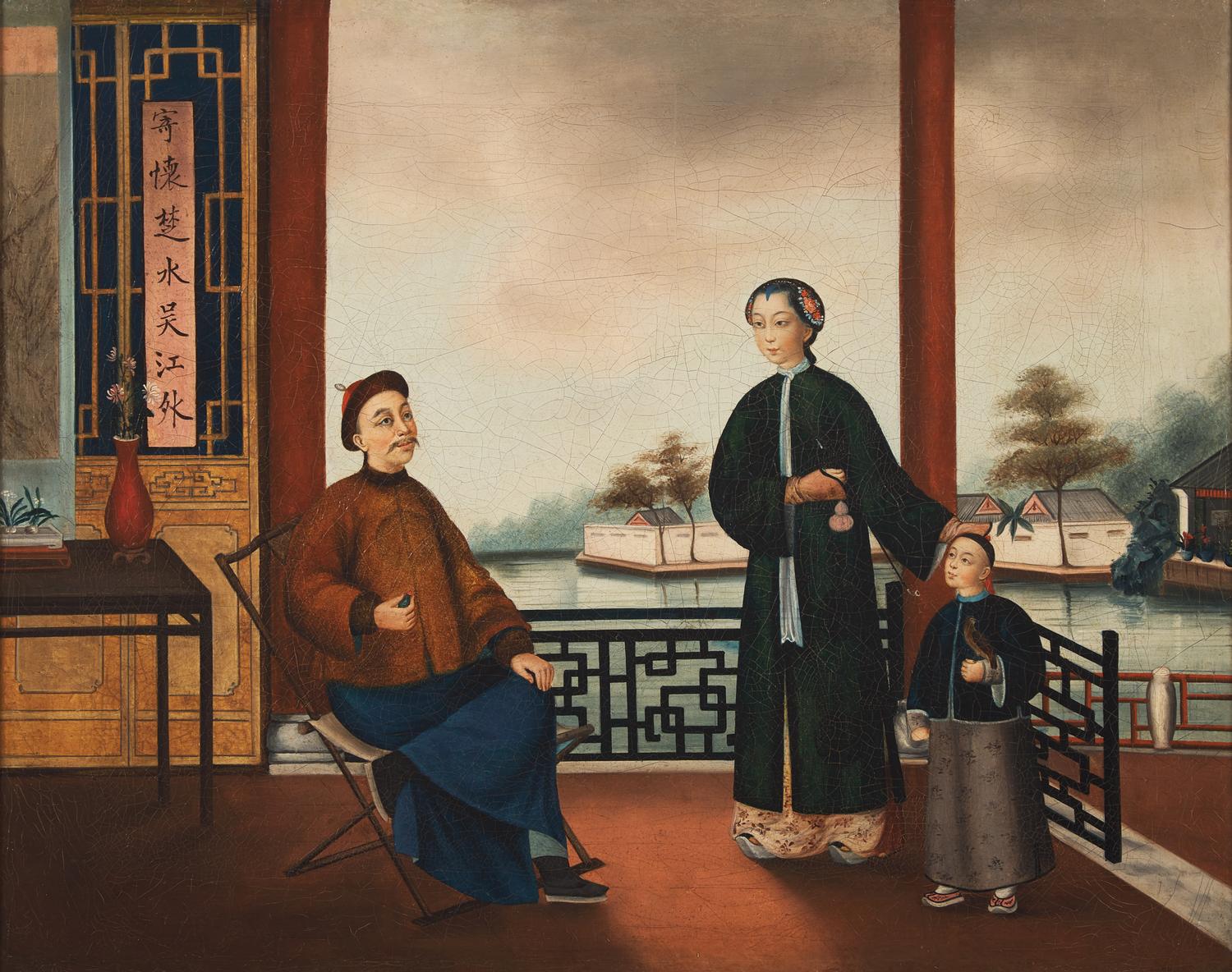 Chinese School, Circa 1820, a Pair of Portraits of a Mandarin at Home 約1820年作 外銷油畫起居圖兩幅