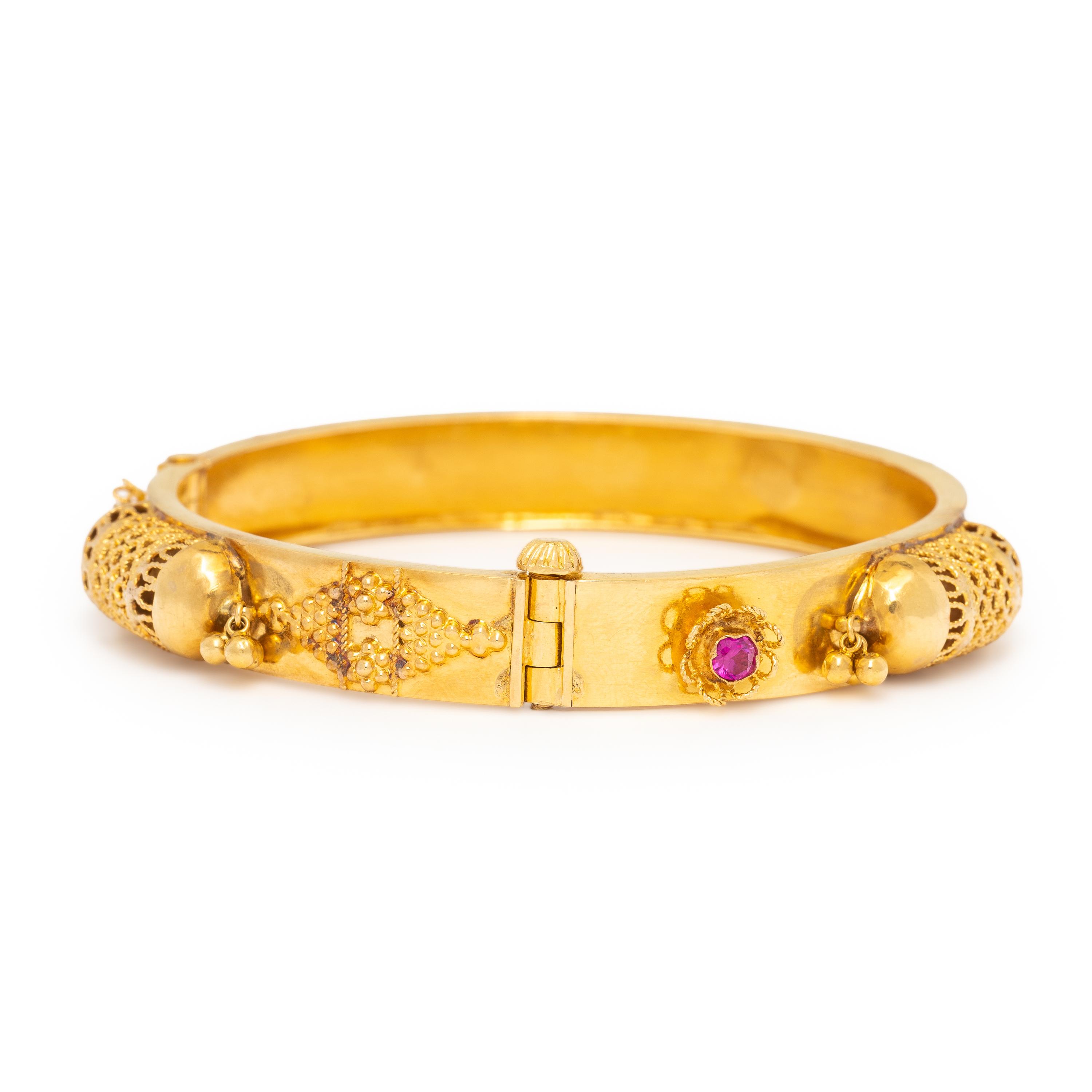 High Karat Yellow Gold and Synthetic Ruby Bangle Bracelet