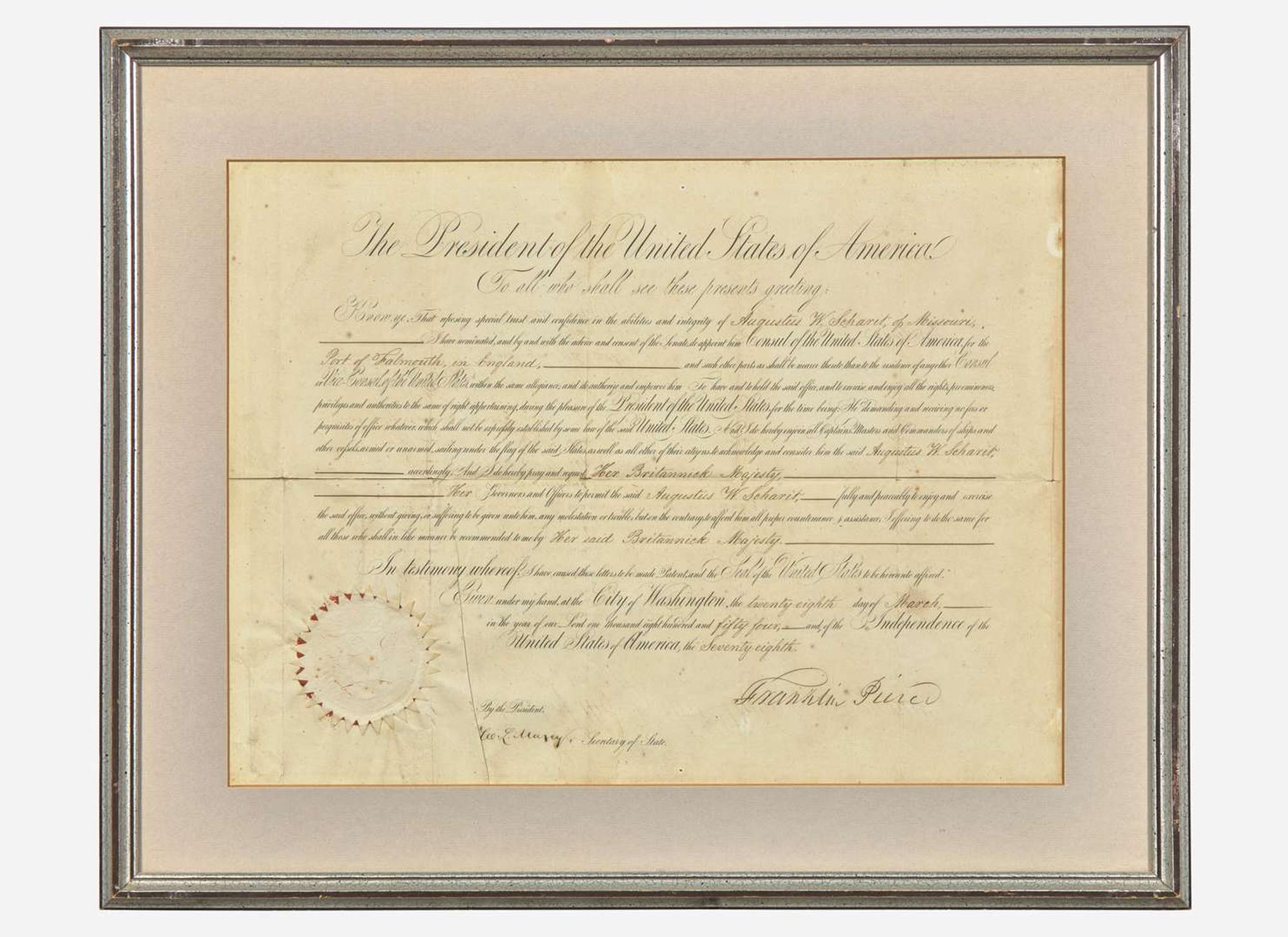 [Presidential] Pierce, Franklin: Partially-Printed Document, signed