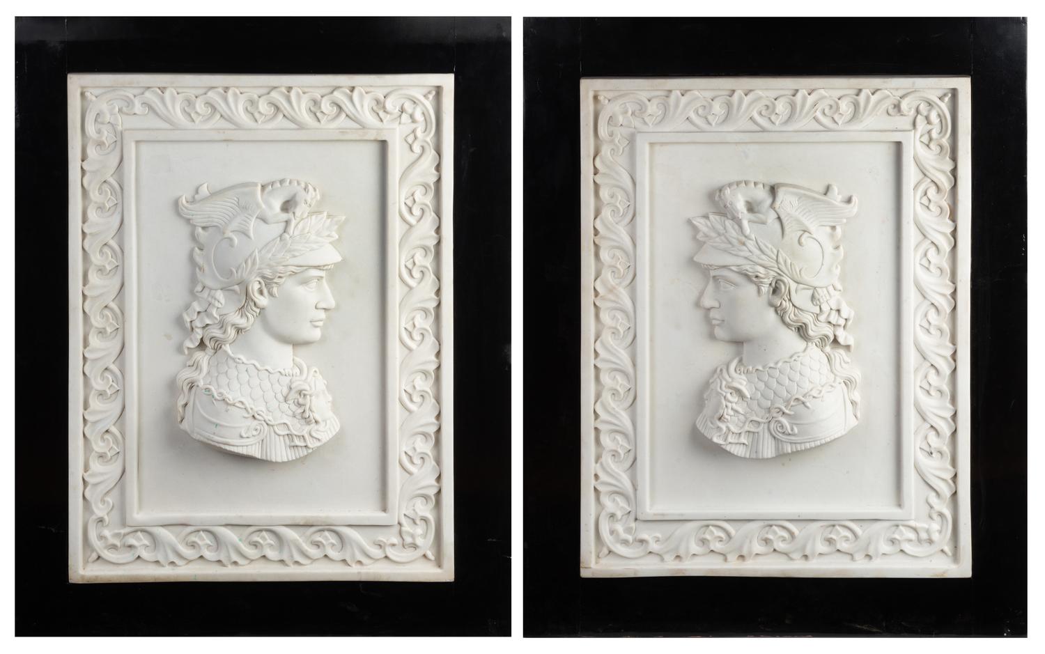 A Pair of Italian Carved Marble Profile Plaques Height 27 5/8 x width 20 7/8 inches. — 20TH CENTURY