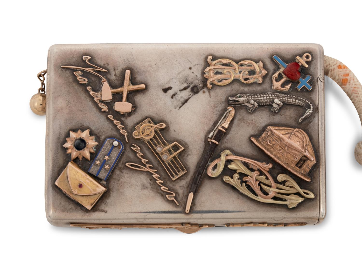 A Russian Silver and Applied Gold and Enamel Charm Decorated Cigarette Case